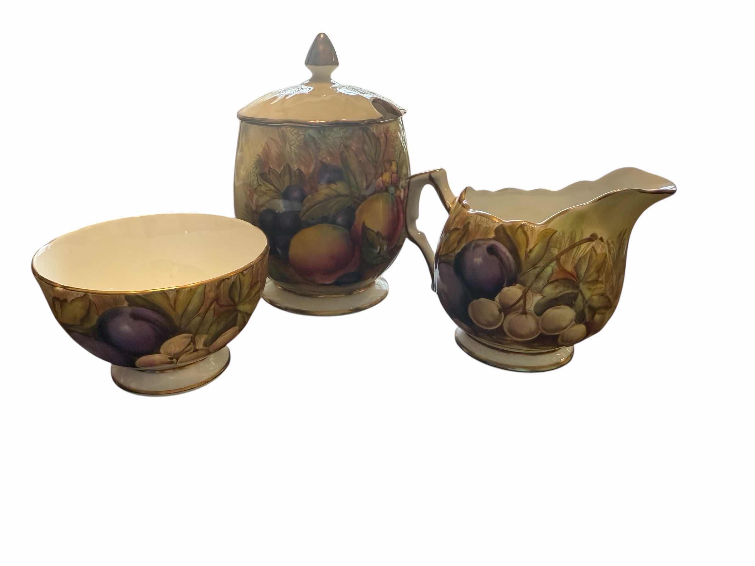 Photo 1 of 4 PCS-ANSLEY ENGLAND BONE CHINA ORCHARD FRUITS 132 S SIGNED CREAMER & SUGAR  SET (SUGAR BOWL H4.5”)