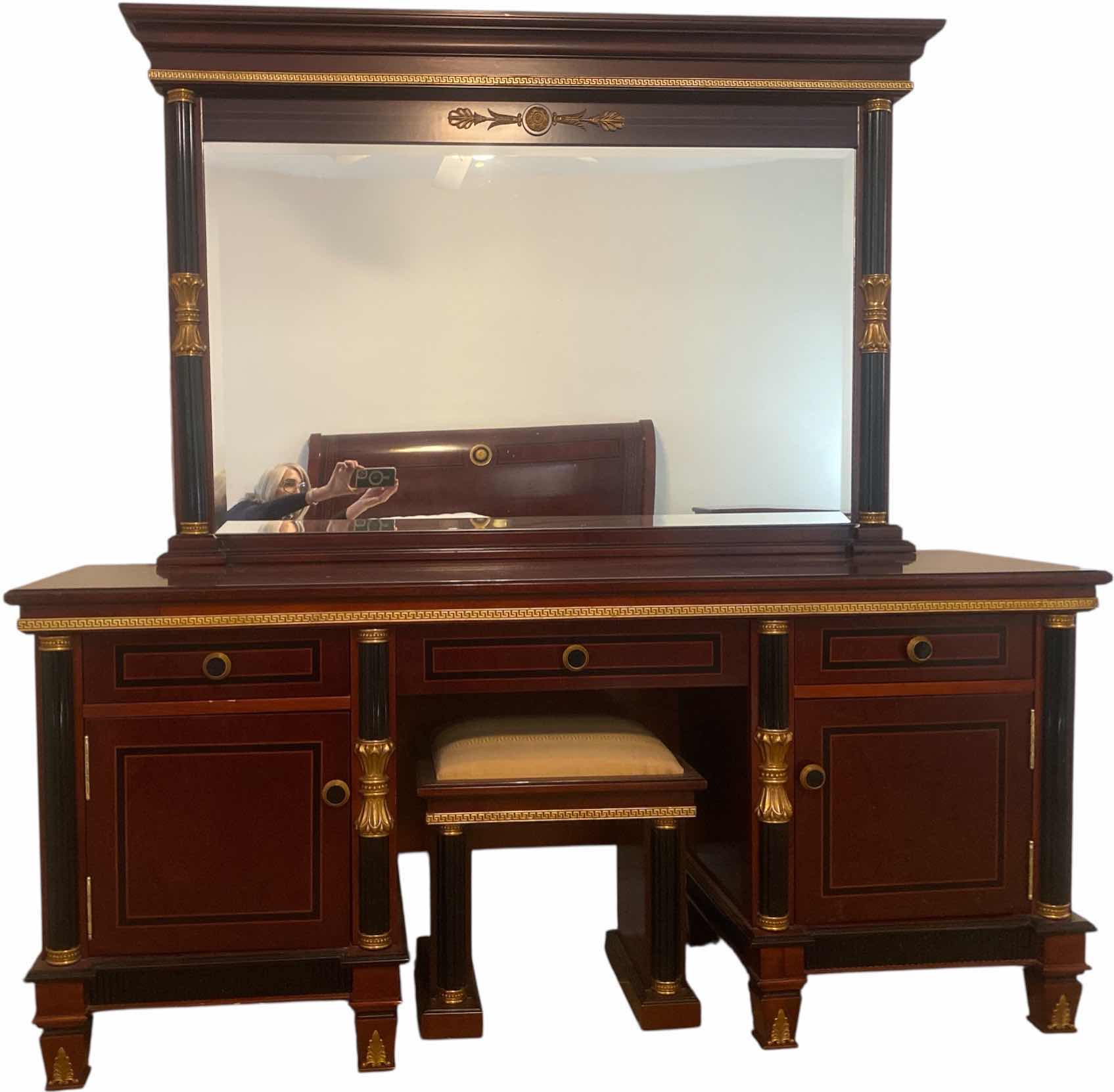 Photo 1 of VERSACE-STYLE SOLID WOOD W GOLD & BLACK TRIMMINGS VANITY W BENCH & BEVELED MIRROR