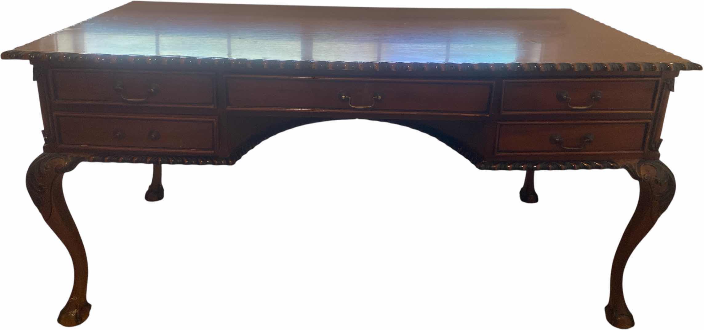View 1 of MAHOGANY SOLID WOOD 5 DRAWER WRITING DESK W BALL & CLAW FEET  63“ x 31 1/2“ H 30”