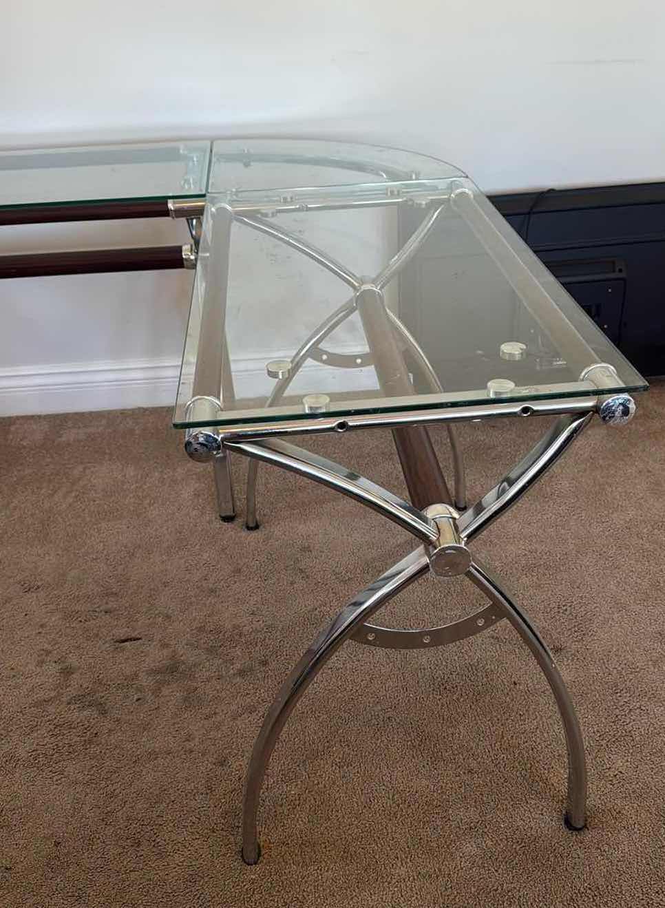 Photo 1 of GLASS TOP U-SHAPED DESK W SILVER BASE & BLACK ADJUSTABLE OFFICE CHAIR 55”x 60” H30”