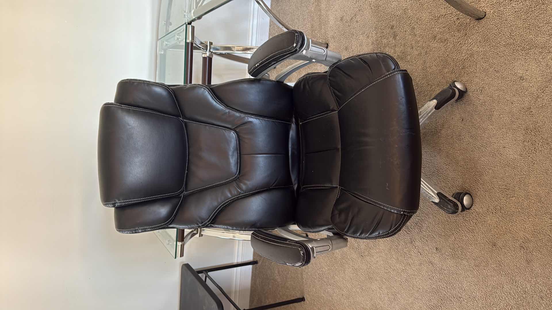 Photo 1 of GLASS TOP U-SHAPED DESK W SILVER BASE & BLACK ADJUSTABLE OFFICE CHAIR 55”x 60” H30”