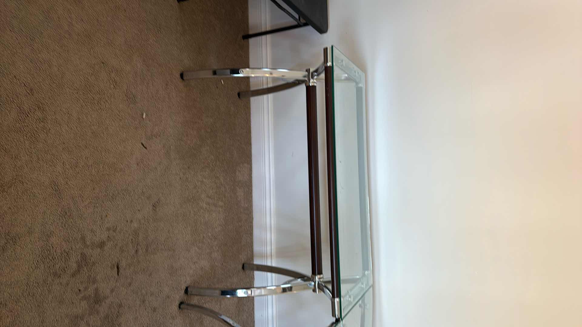 Photo 1 of GLASS TOP U-SHAPED DESK W SILVER BASE & BLACK ADJUSTABLE OFFICE CHAIR 55”x 60” H30”