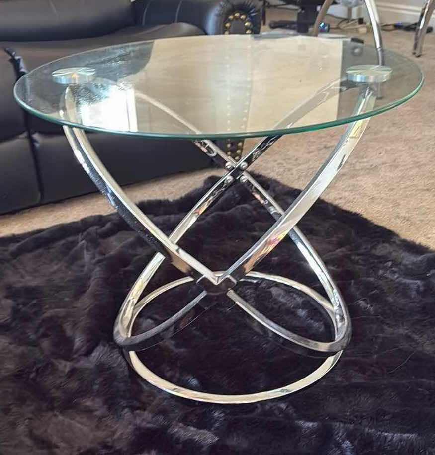 Photo 1 of 26” ROUND GLASS TOP SIDE TABLE W SILVER BASE H22”