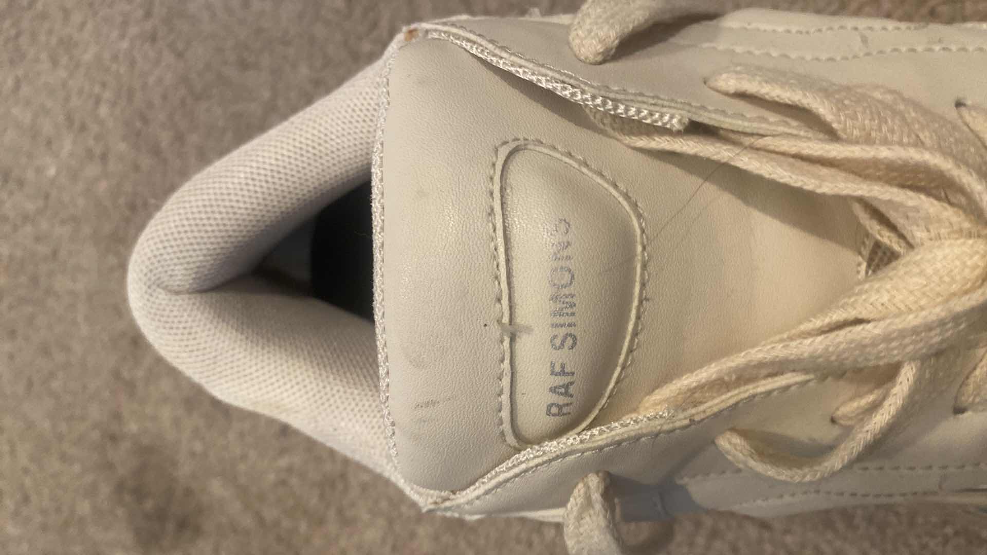 Photo 1 of RAF SIMON ADIDAS CREAM LEATHER & SILVER MIRRORED TRIM SNEAKERS EST SIZE 10 1/2 TO 11