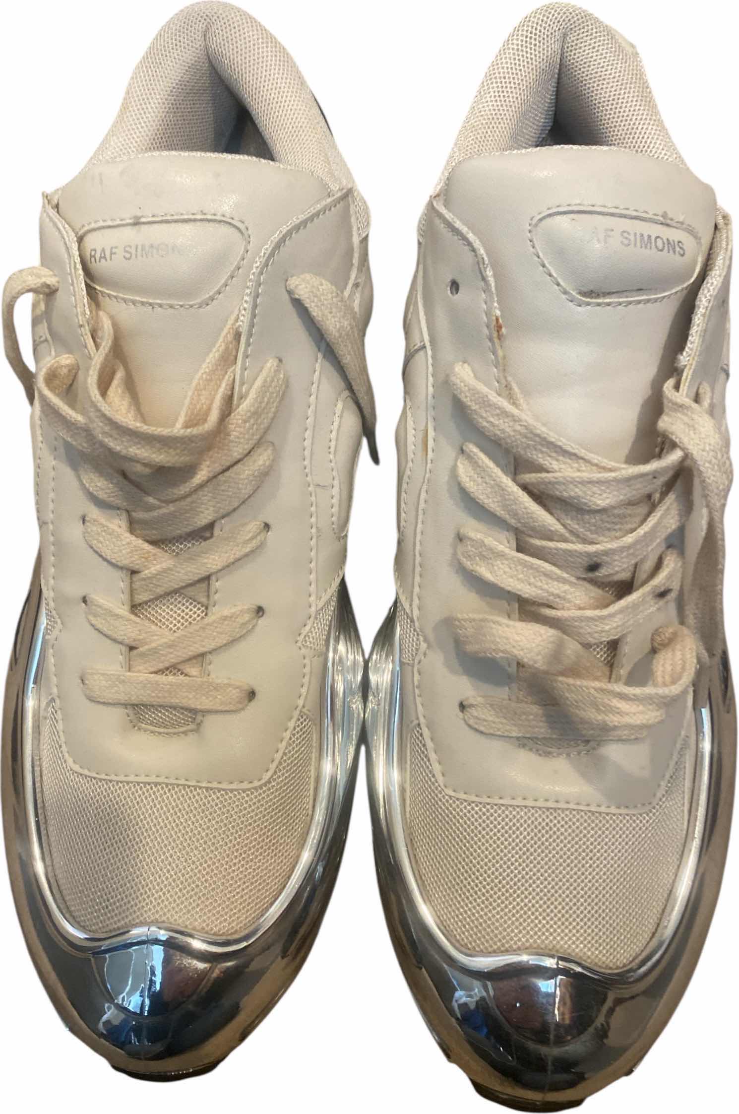 Photo 1 of RAF SIMON ADIDAS CREAM LEATHER & SILVER MIRRORED TRIM SNEAKERS EST SIZE 10 1/2 TO 11