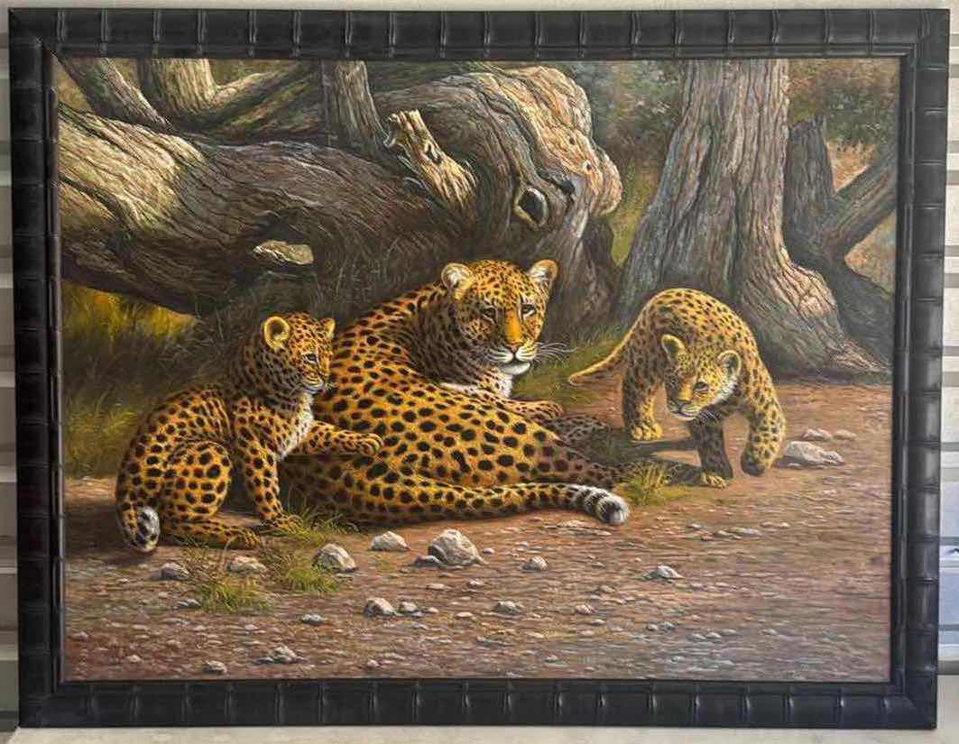 Photo 1 of FRAMED LEOPARD FAMILY CANVAS PAINTING 52”X41”