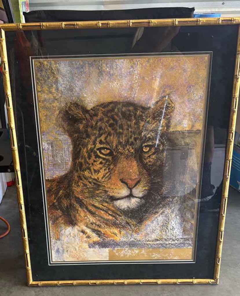 Photo 1 of 2-FRAMED ART PRINTS LEOPARD/TIGER 33X30”