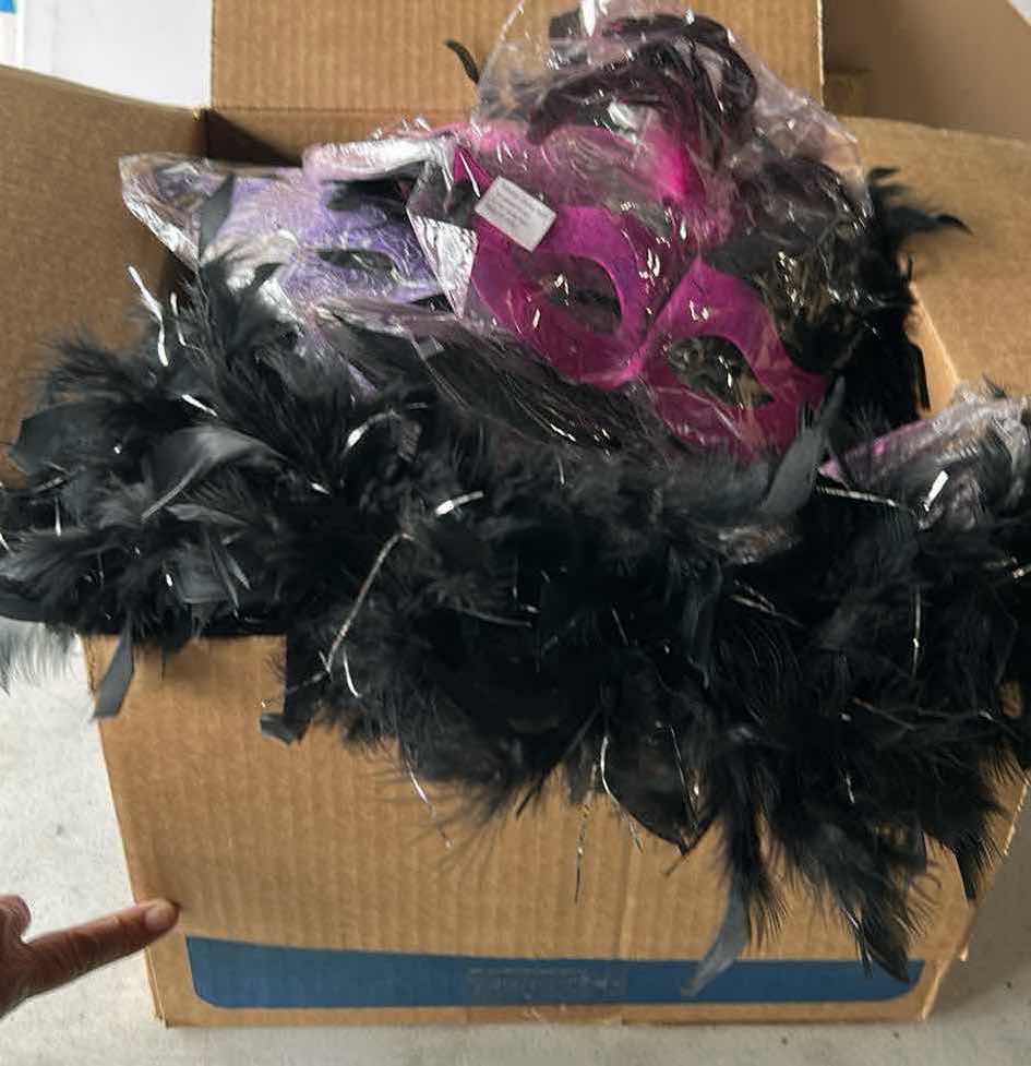 Photo 1 of BOX OF MARDI GRAS MASKS, BLACK AND SILVER BOAS AND TWINKLE LIGHTS
