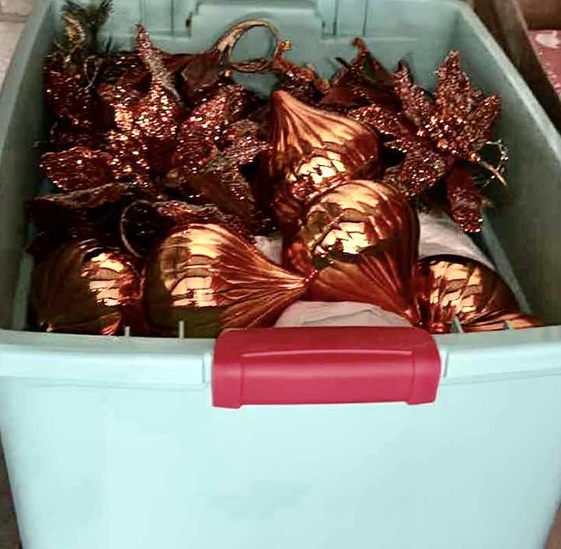 Photo 1 of TOTE FULL OF CHRISTMAS ORNAMENTS AND DECOR