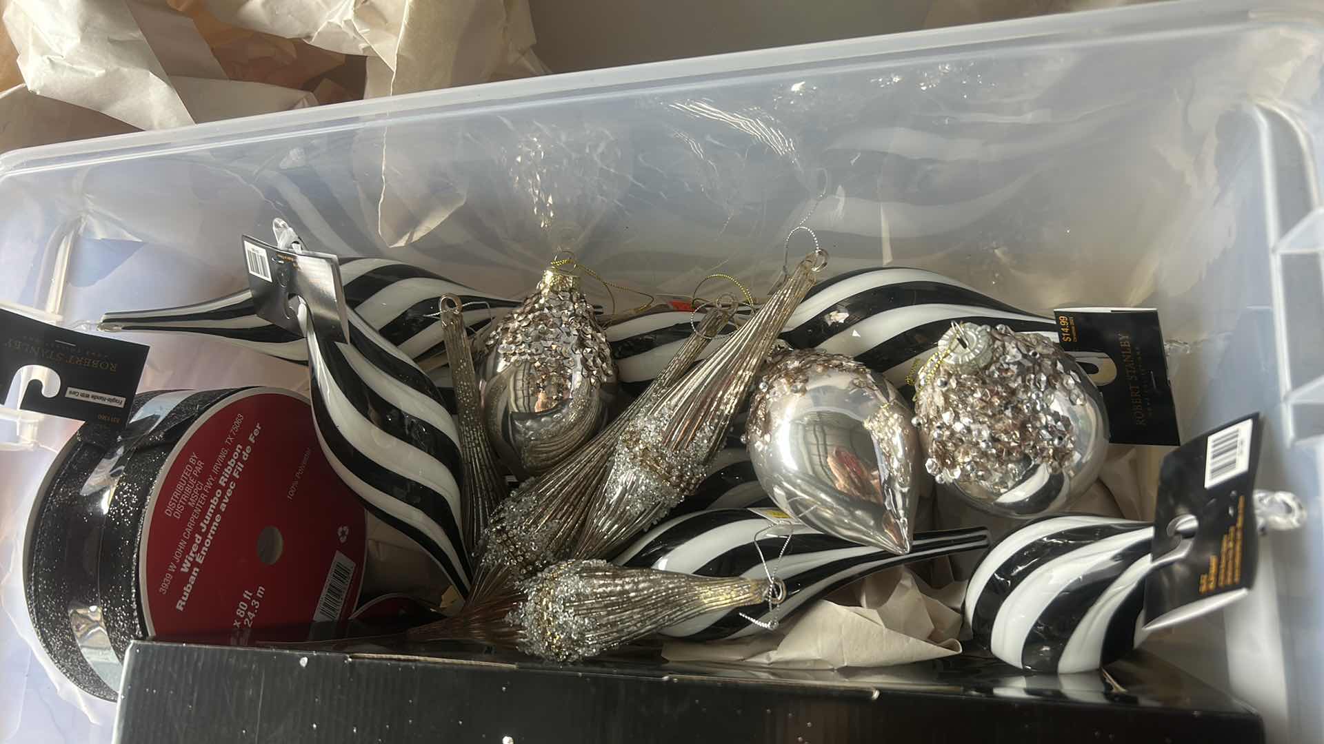 Photo 1 of TOTE FULL OF BLACK & WHITE CHRISTMAS ORNAMENTS & RIBBON