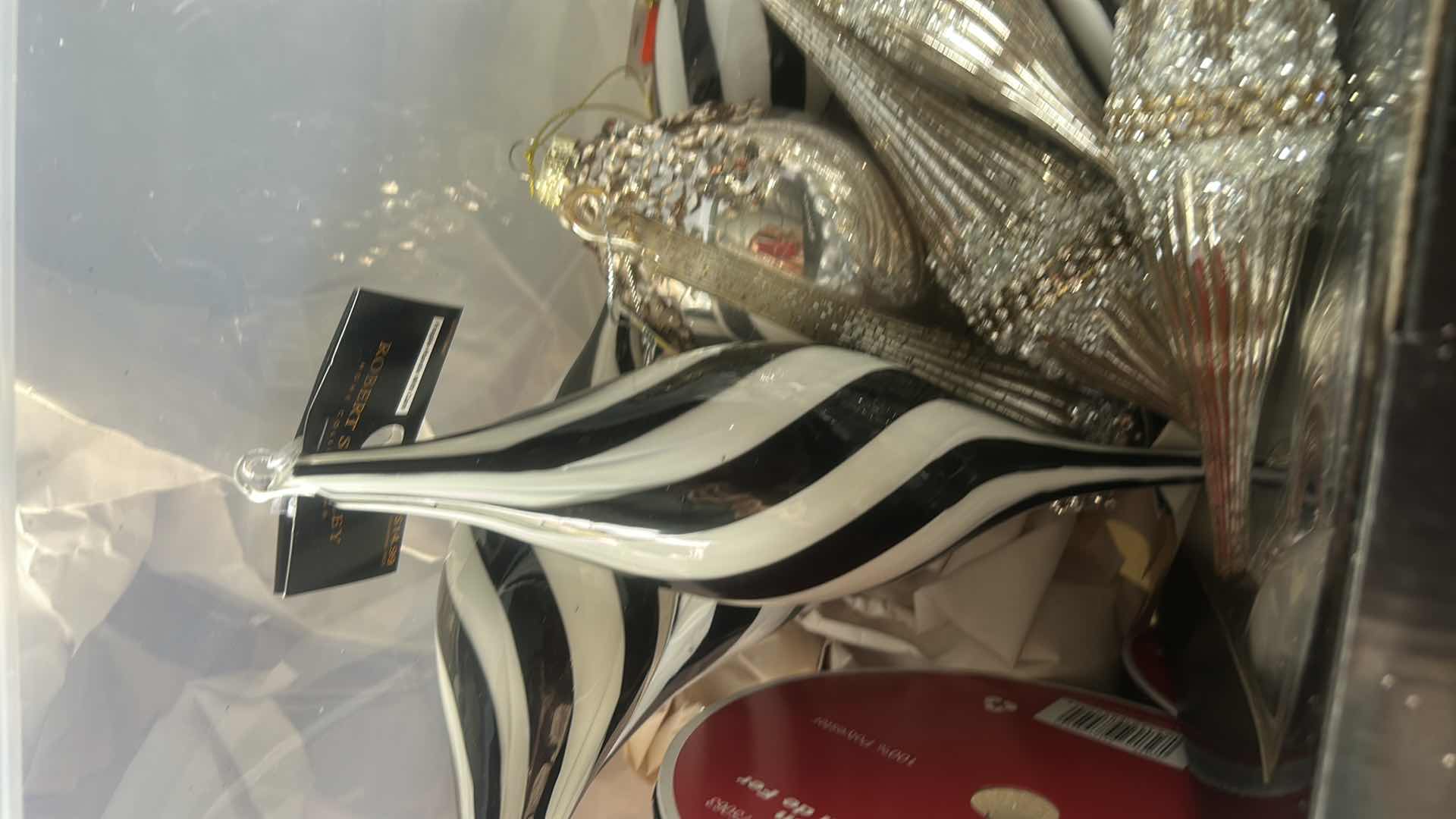 Photo 1 of TOTE FULL OF BLACK & WHITE CHRISTMAS ORNAMENTS & RIBBON