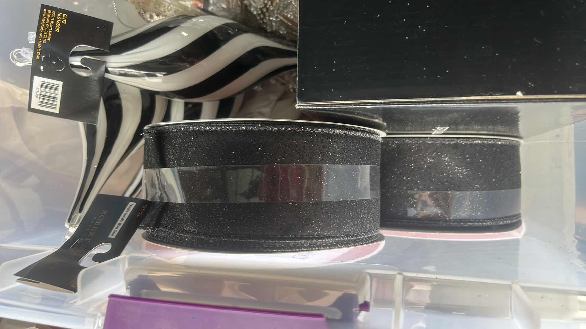 Photo 1 of TOTE FULL OF BLACK & WHITE CHRISTMAS ORNAMENTS & RIBBON