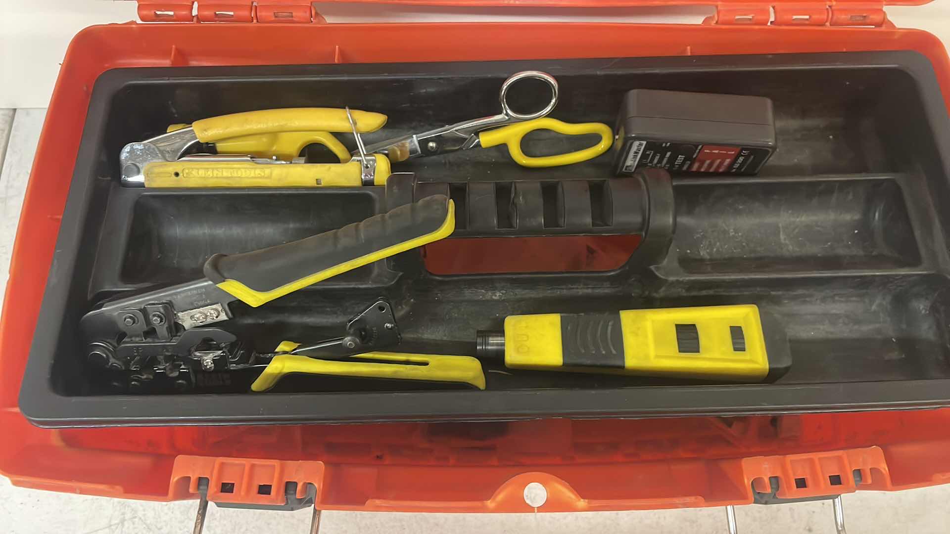 Photo 1 of KLEIN TOOLS RATCHETING CRIMPER/STRIPPER AND OTHER LOW VOLTAGE ITEMS IN HARD CARRYING CASE