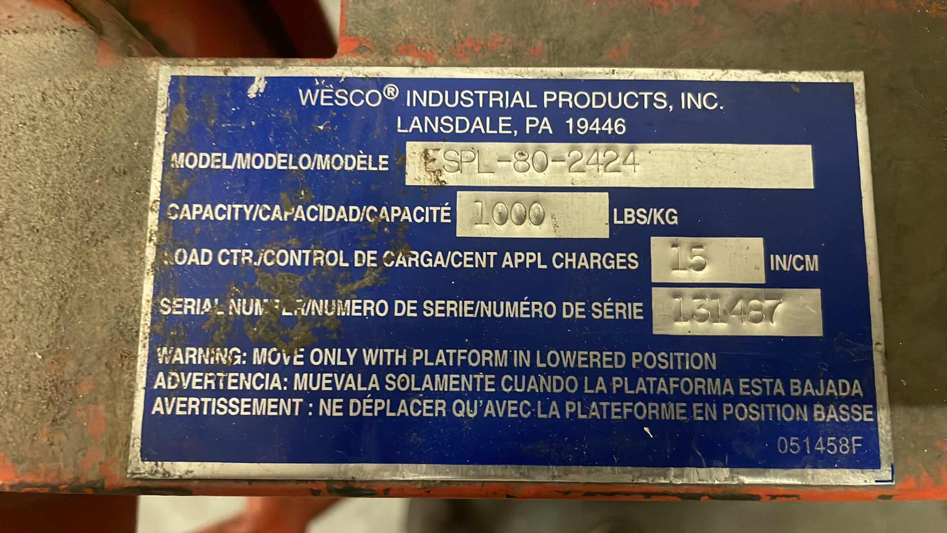 Photo 1 of WESCO HYDRAULIC STACKER JACK W/ 24" PLATFORM 260044 1000 LB CAPACITY MODEL ESPL-80-2424
