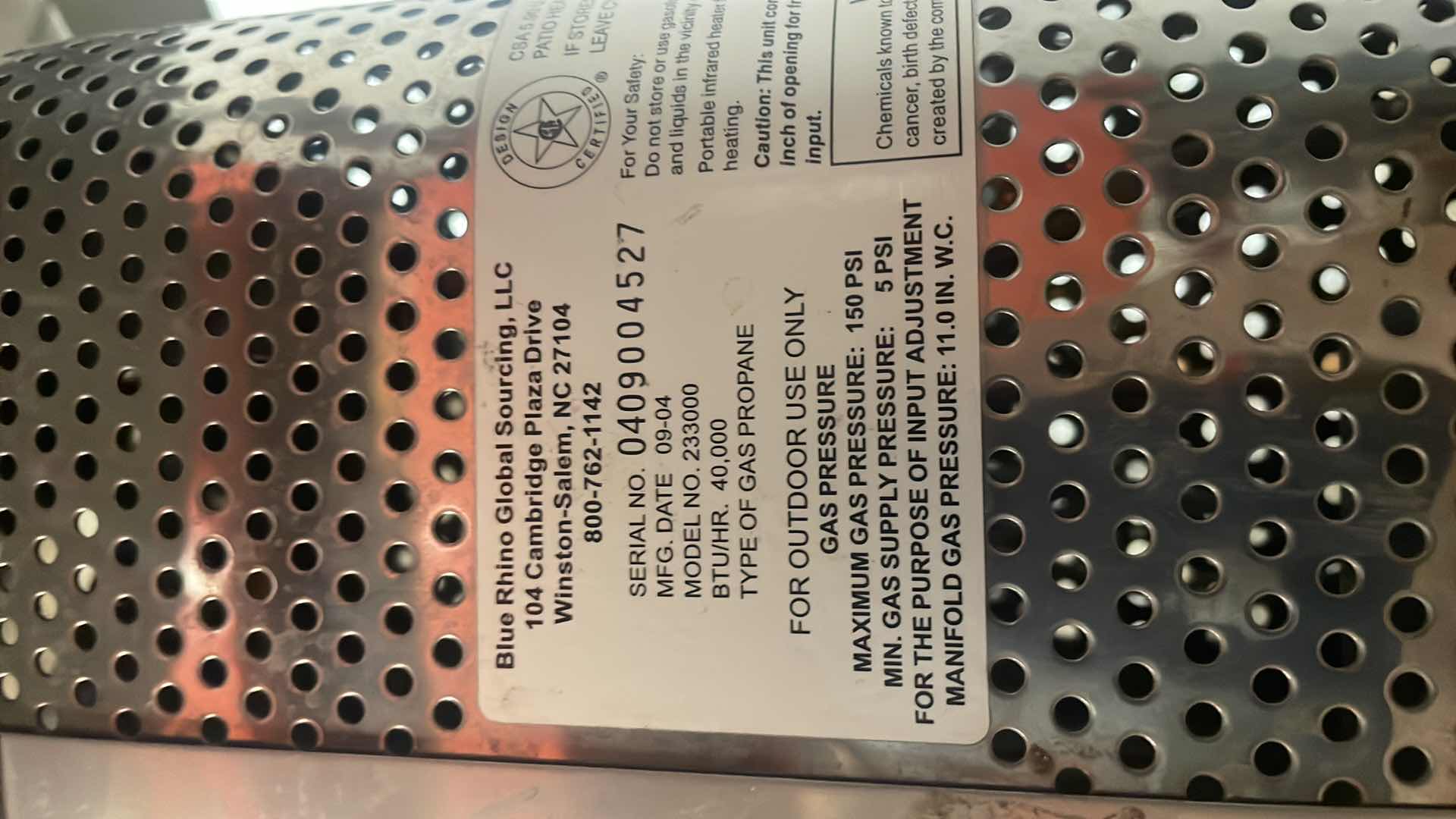 Photo 4 of BLUE RHINO ENDLESS SUMMER OUTDOOR PROPANE PATIO HEATER 40,000 BTU