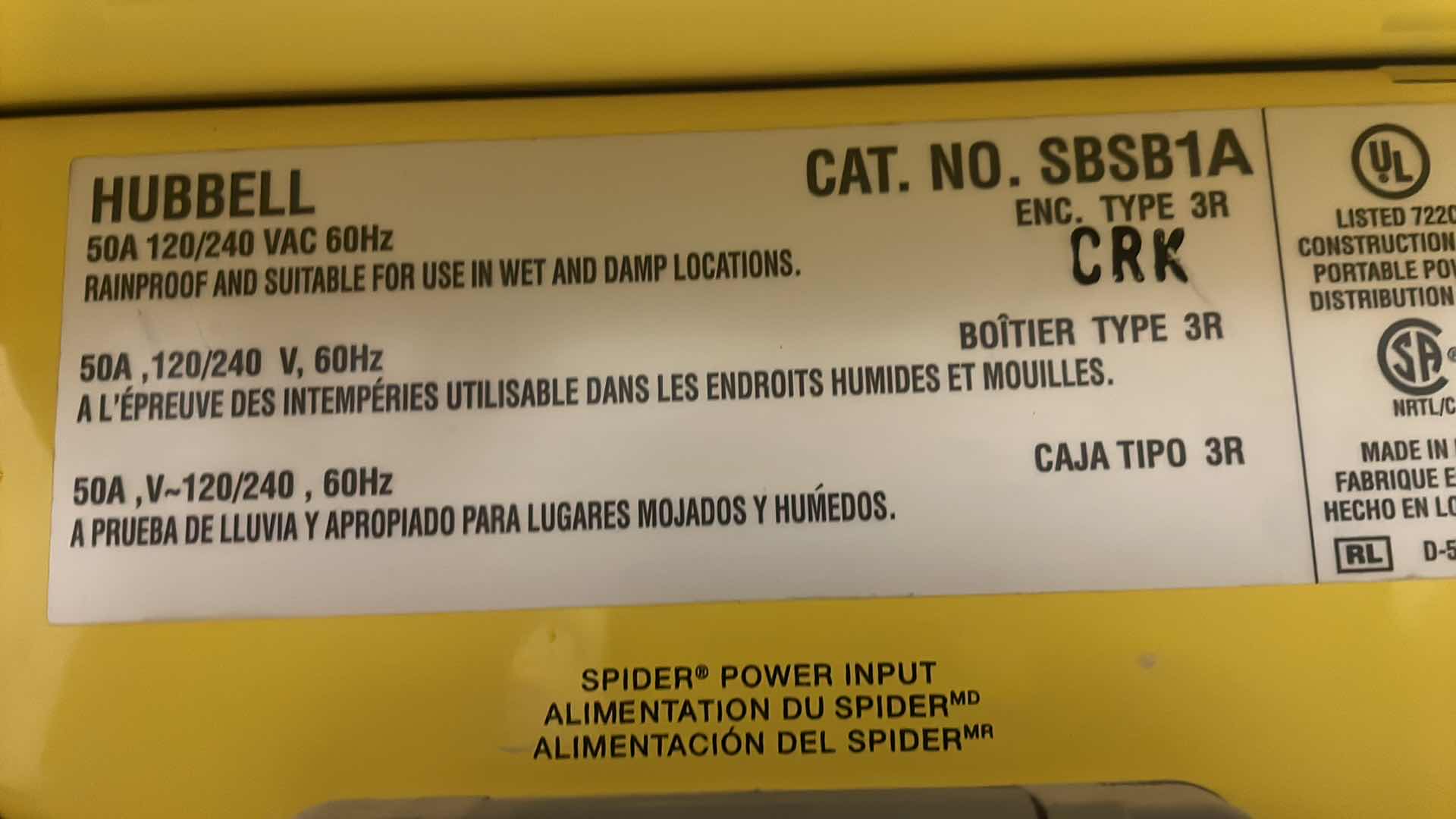 Photo 1 of HUBBELL WIRING DEVICE-KELLEMS POWER DISTRIBUTION BOX: SINGLE PHASE, 50 AMP 120/240V AC, 8 OUTLETS SPIDER BOX SBSB1A