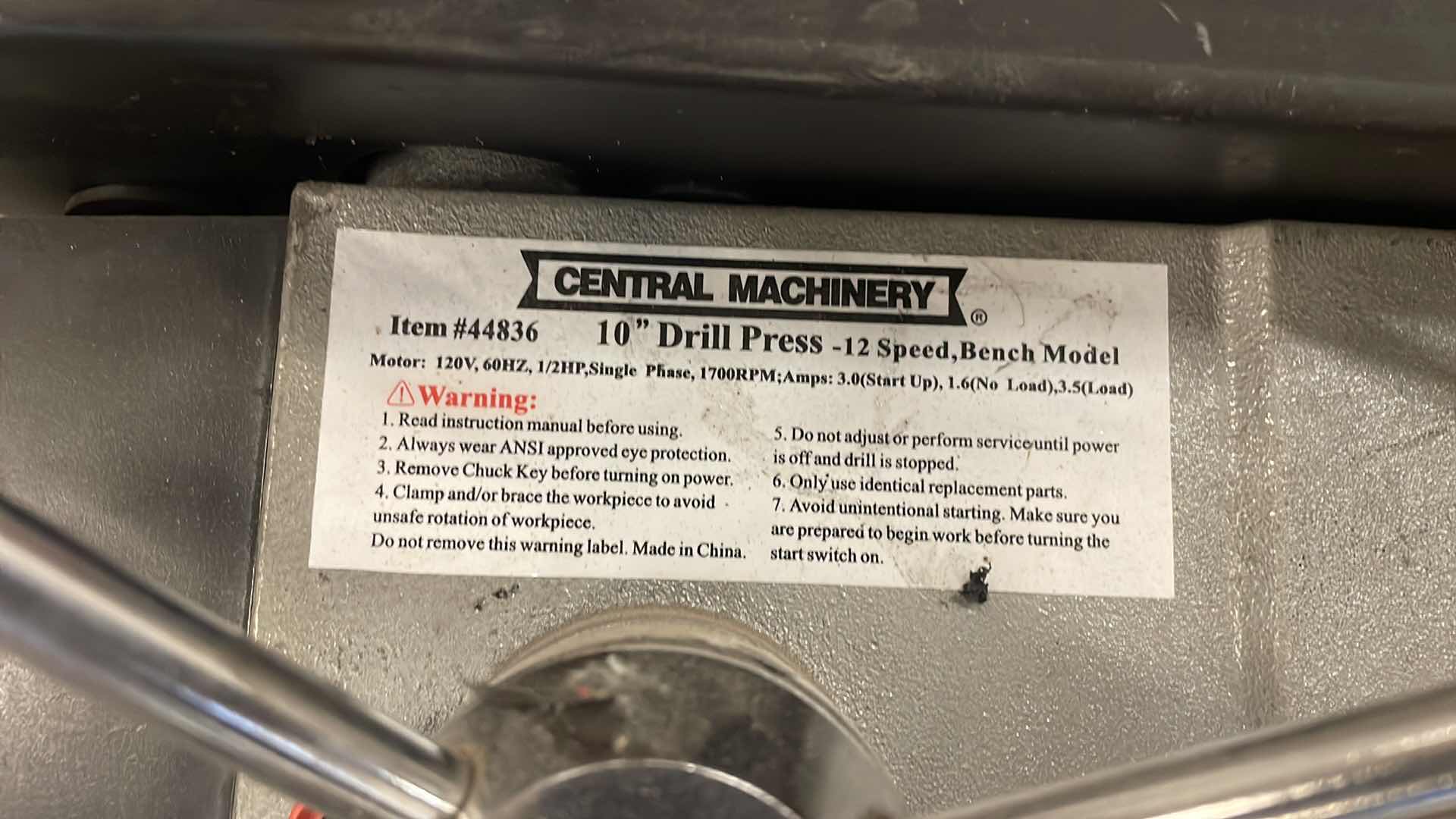 Photo 2 of CENTRAL MACHINERY 10” DRILL PRESS 12 SPEED BENCH MODEL