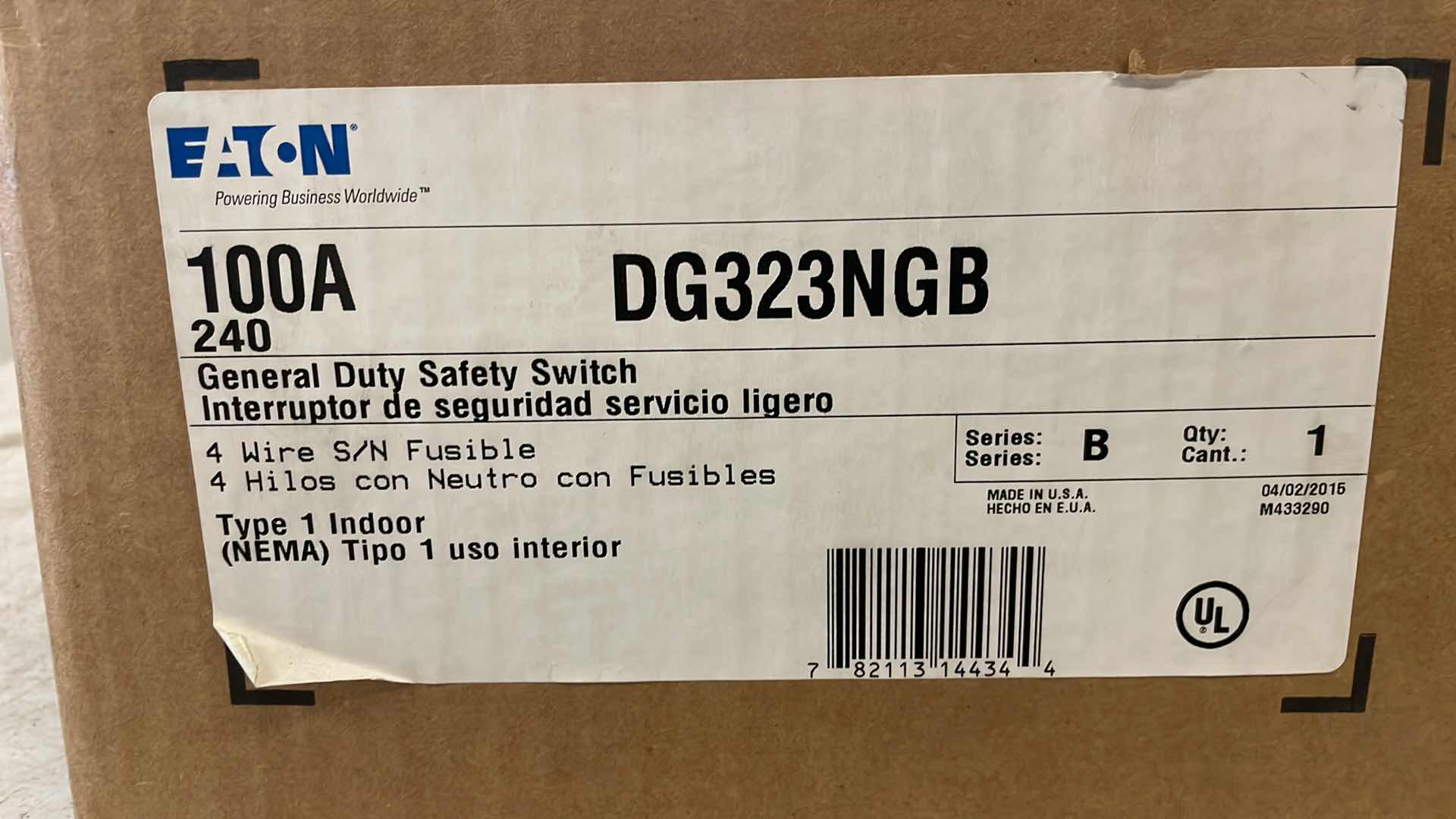 Photo 1 of EATON SAFETY SWITCH: FUSIBLE, 100 A, THREE PHASE, 240V AC, GALVANIZED STEEL, INDOOR/OUTDOOR MODEL DG323NRB