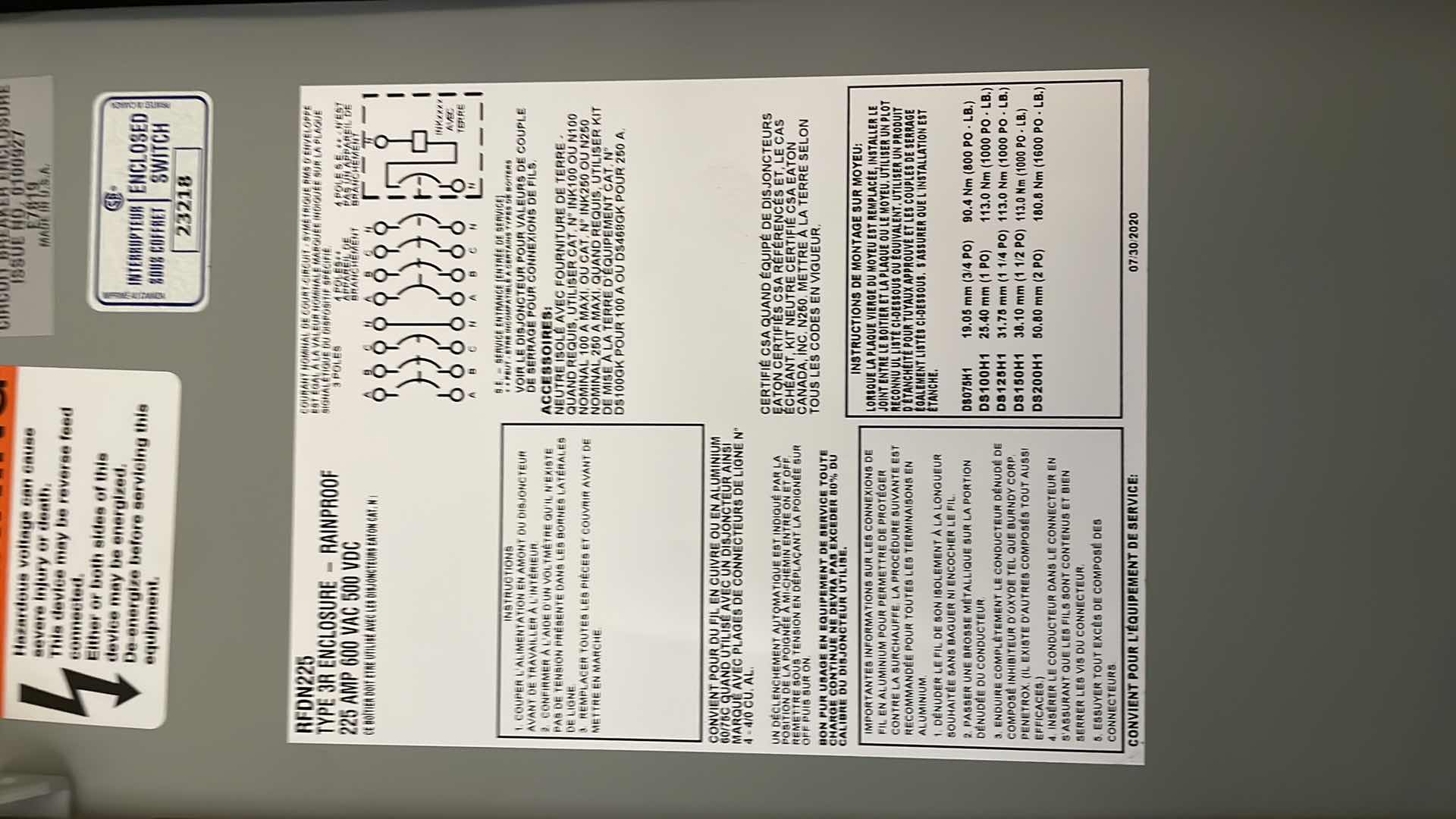 Photo 3 of RFDN225, CUTLER HAMMER, EATON, NEMA 3R ENCLOSURE, TYPE RFDN, 225A, 600V