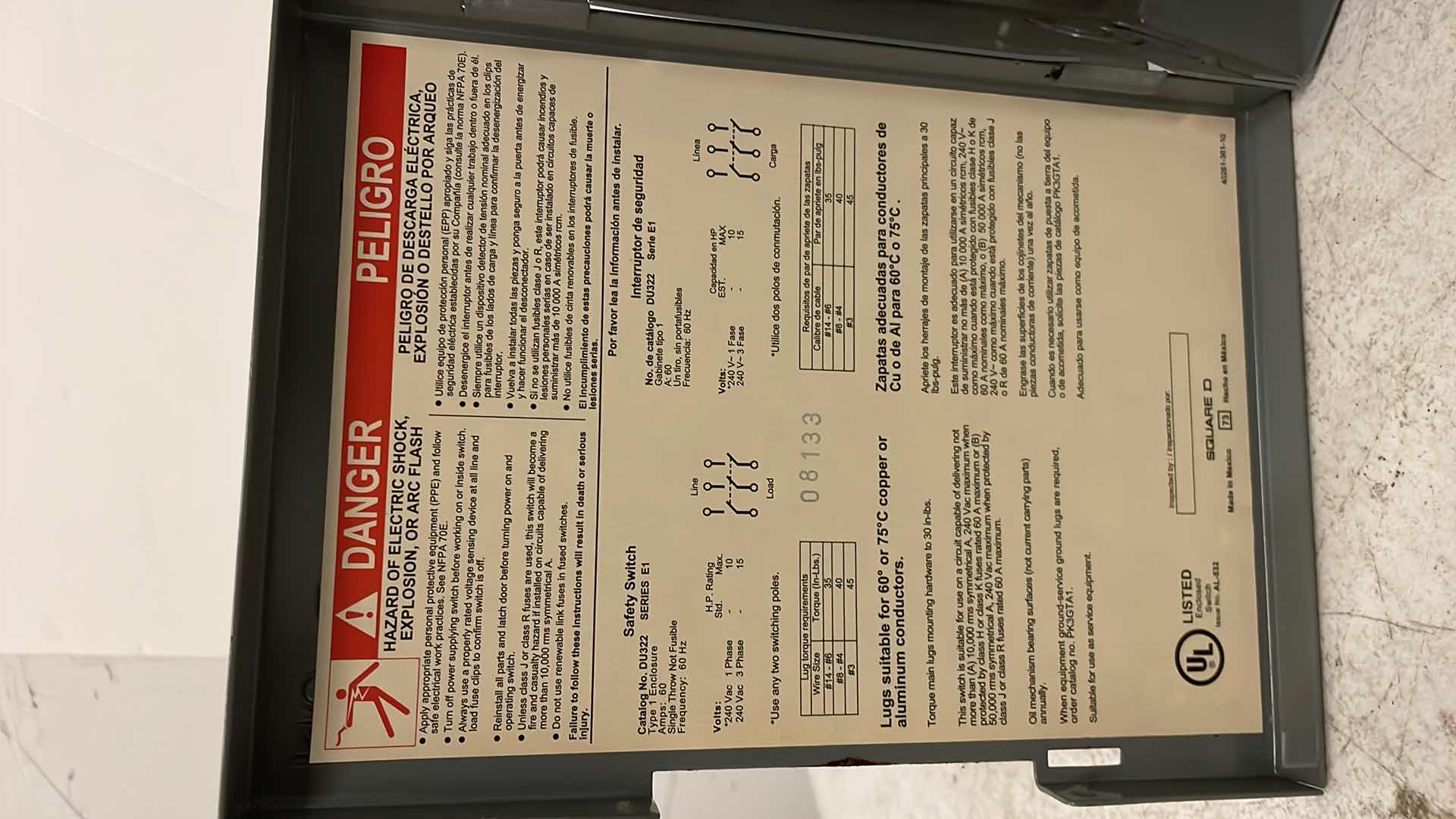 Photo 4 of 8903SPG1 LIGHTING CONTACTOR SQUARE D 120V COIL IN ENCLOSURE IN SQUARE D TYPE ENCLOSURE & SQUARE D 60 A GENERAL DUTY SAFETY SWITCH