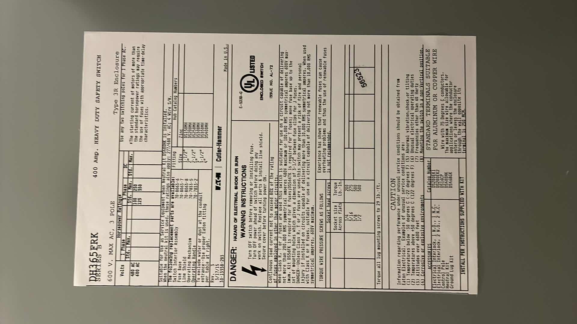 Photo 1 of EATON DH365FRK CUTLER HAMMER DH SERIES DISCONNECT 600V 400A FUSIBLE SWITCH
