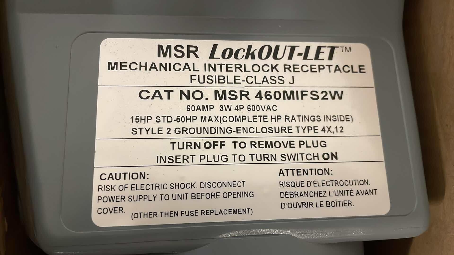 Photo 3 of MENNEKES MSR 460MIFS2W MECHANICAL INTERLOCK RECEPTACLE FUSIBLE-CLASS J 60 AMP, 3 W,4 P, 600 VAC