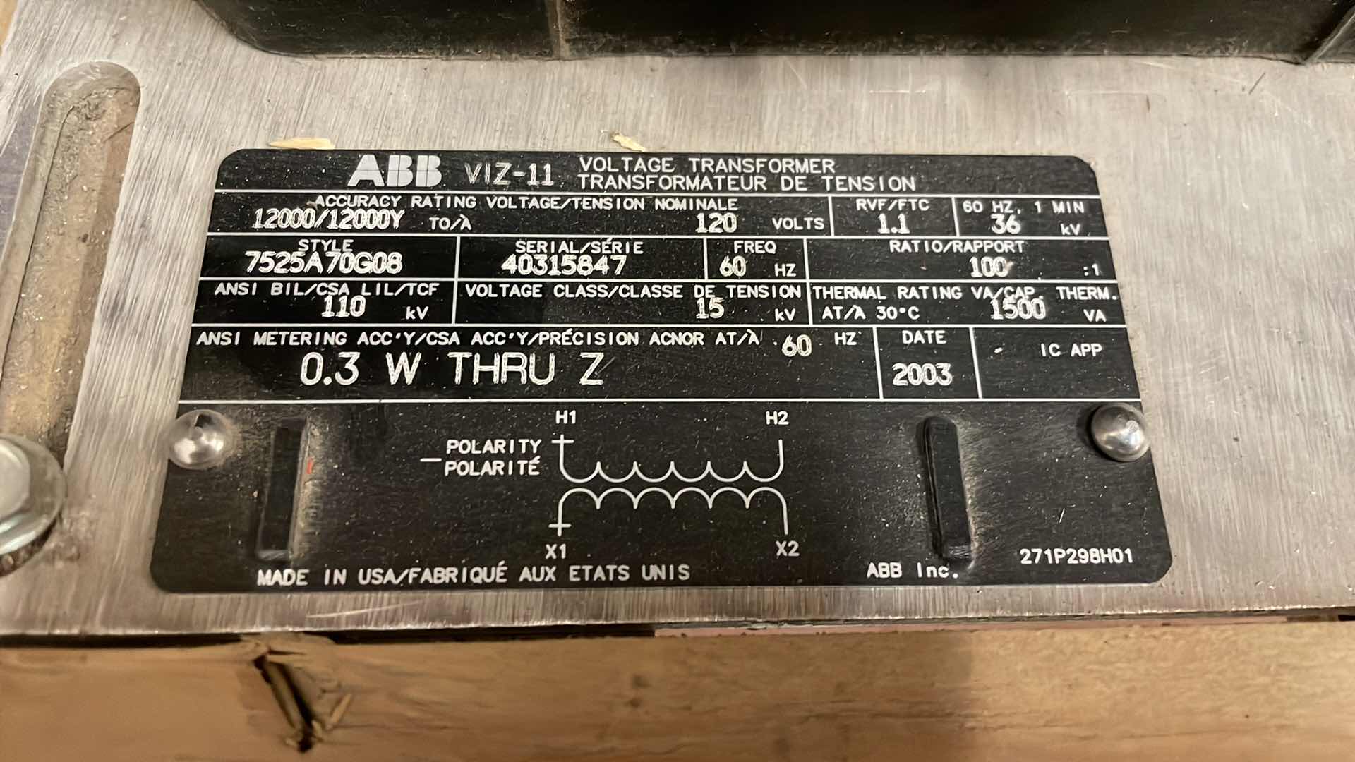 Photo 2 of ABB VIZ-11 VOLTAGE TRANSFORMER 7525A67G08 PRI:12000/12000YV SEC:120V RATIO 100:1