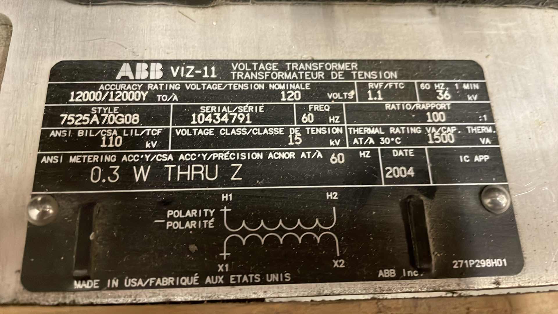 Photo 3 of ABB VIZ-11 VOLTAGE TRANSFORMER 7525A67G08 PRI:12000/12000YV SEC:120V RATIO 100:1