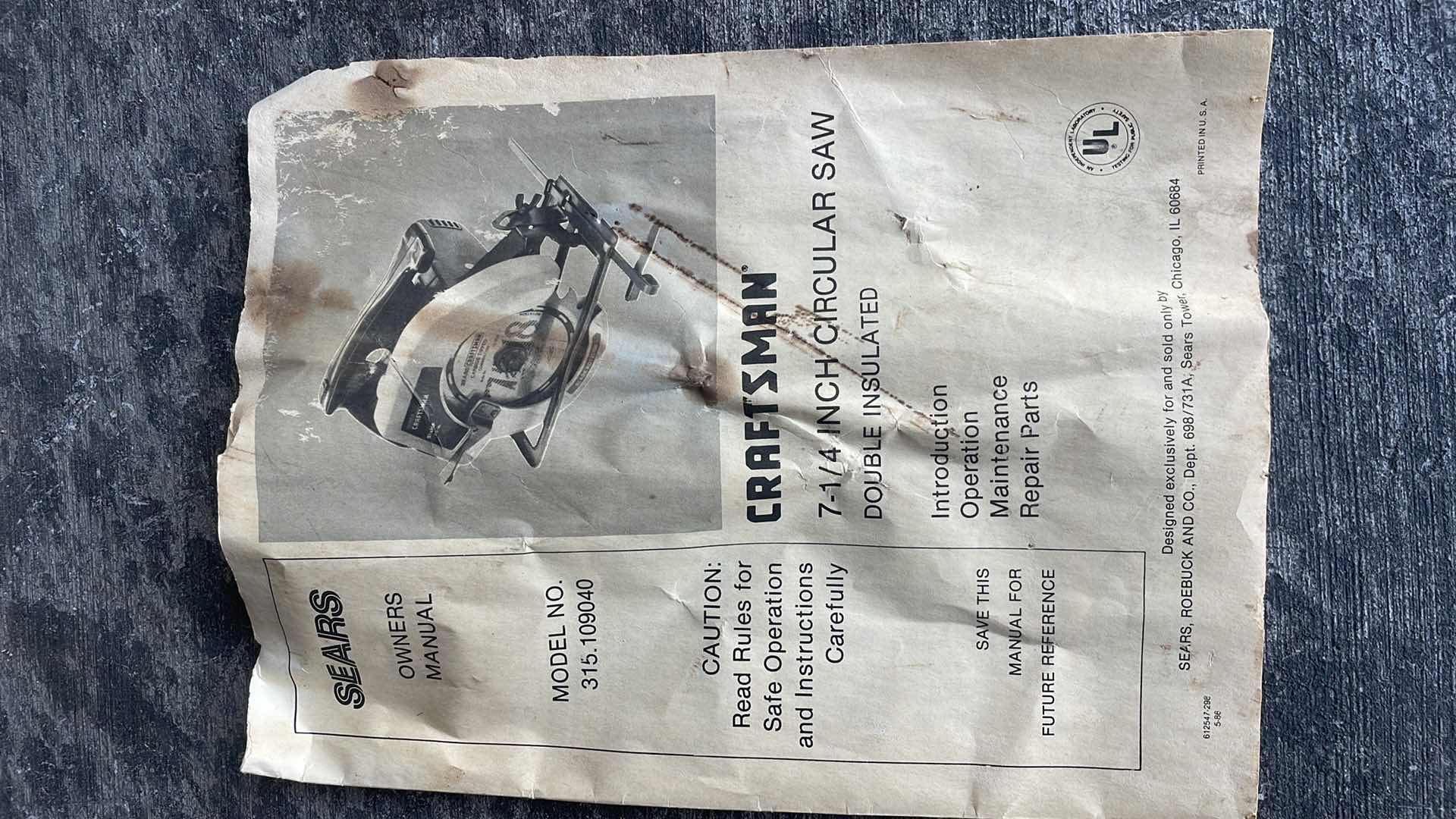 Photo 1 of CRAFTSMAN 2-1/4 HP  7-1/4” CIRCULAR SAW MODEL 910904