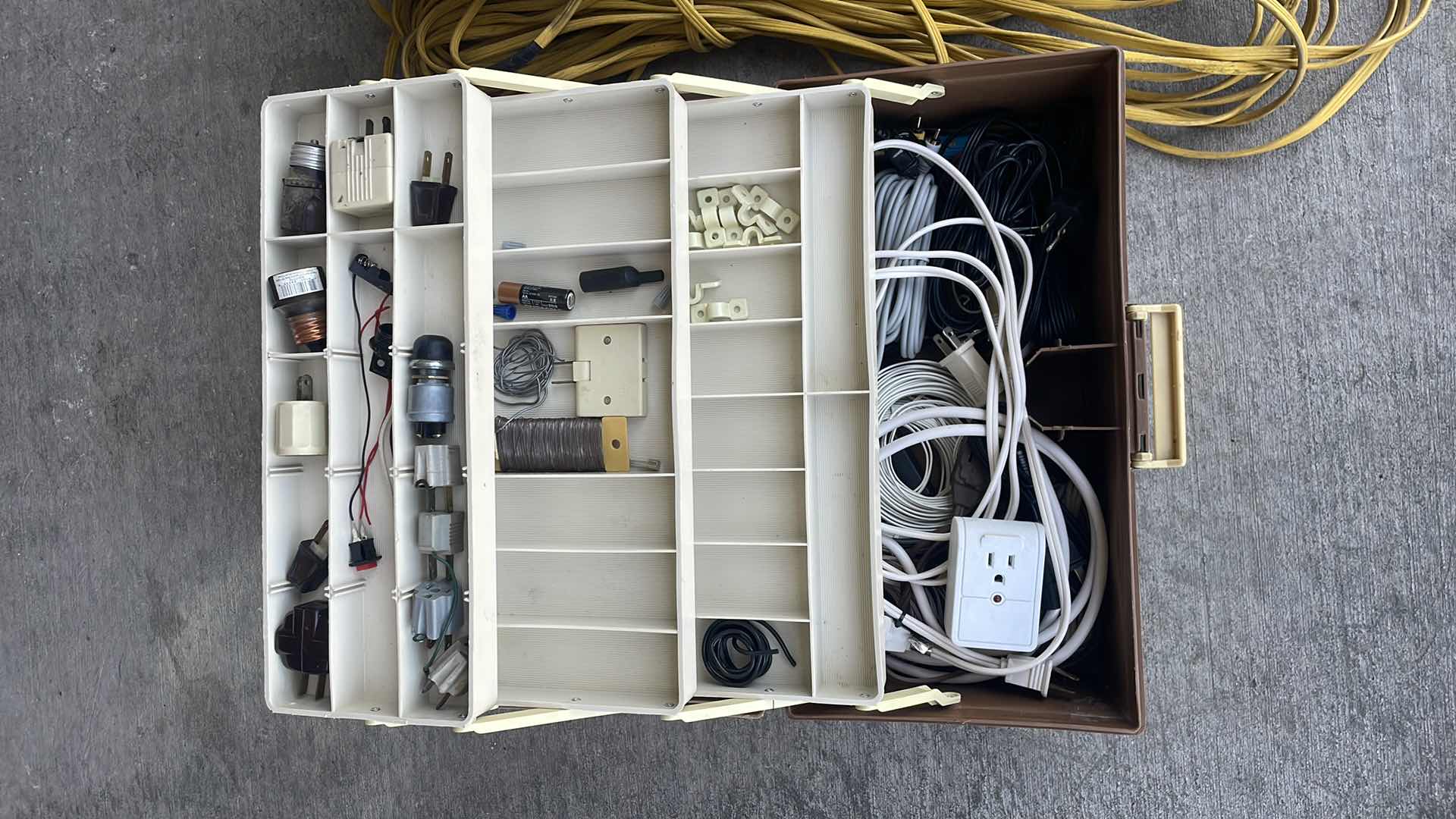 Photo 1 of ELECTRICAL CORD DROP LIGHT AND TACKLE BOX WITH MISC ELECTRICAL COMPONENTS & CORDS