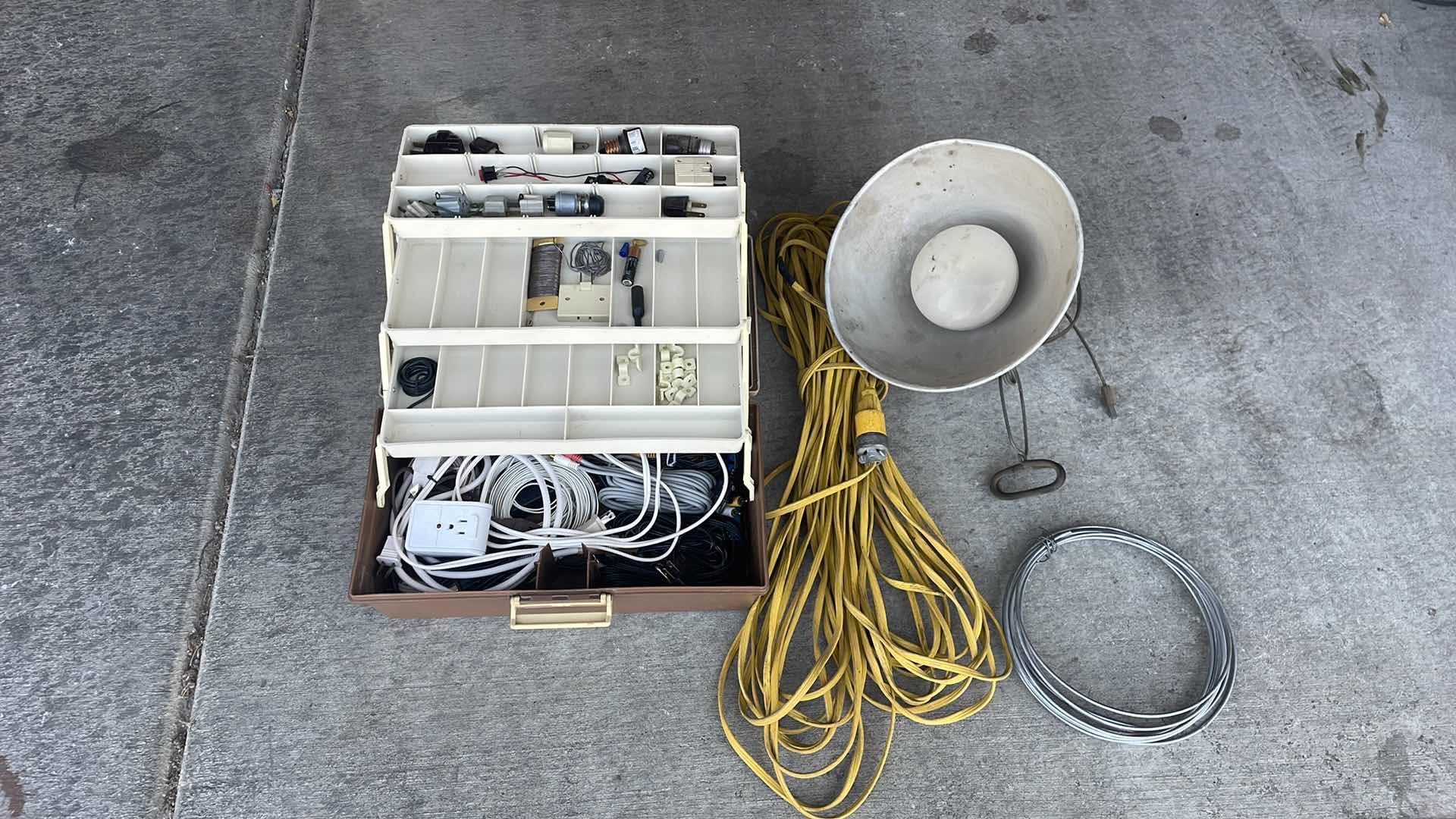 Photo 1 of ELECTRICAL CORD DROP LIGHT AND TACKLE BOX WITH MISC ELECTRICAL COMPONENTS & CORDS