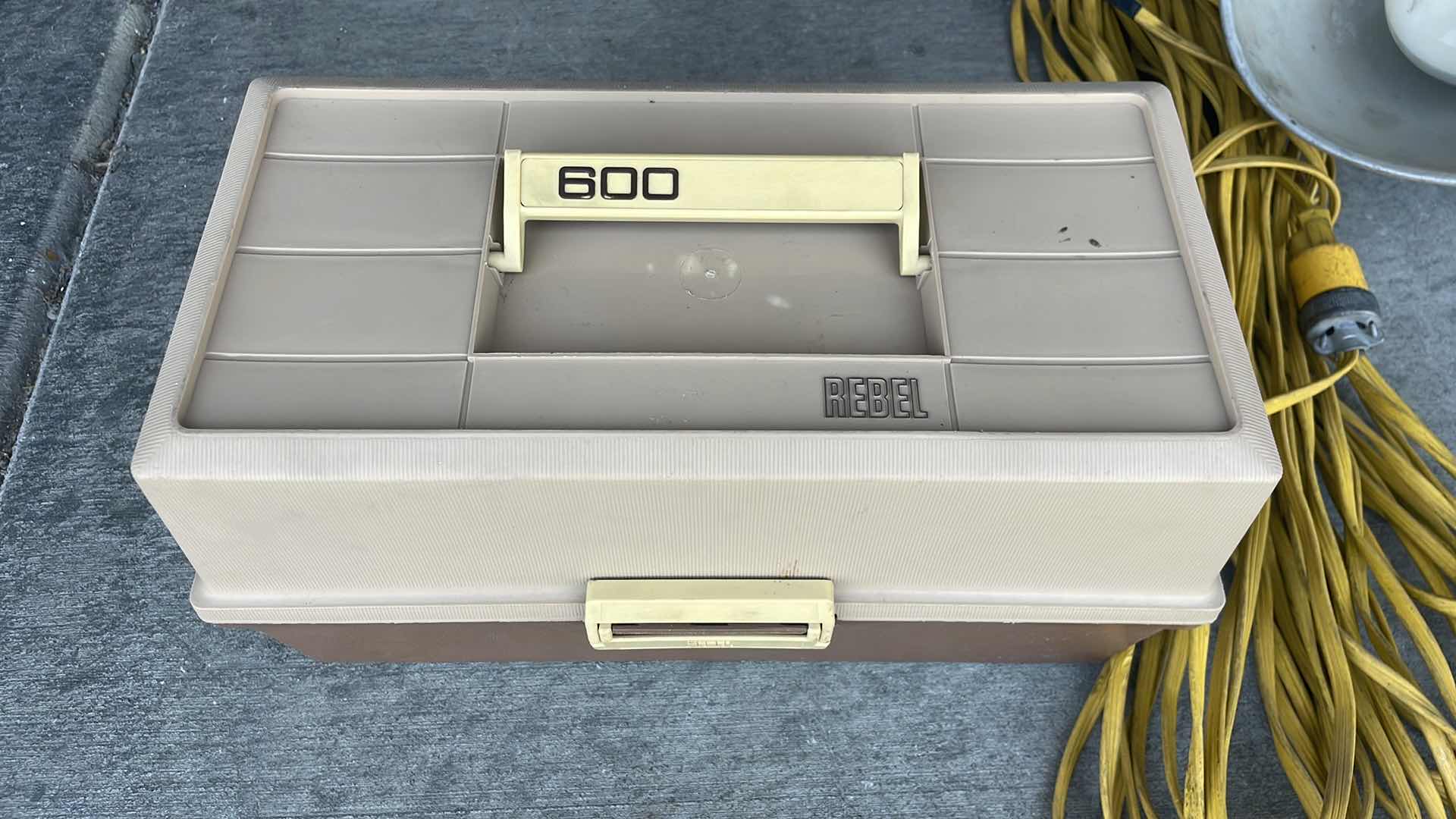 Photo 1 of ELECTRICAL CORD DROP LIGHT AND TACKLE BOX WITH MISC ELECTRICAL COMPONENTS & CORDS
