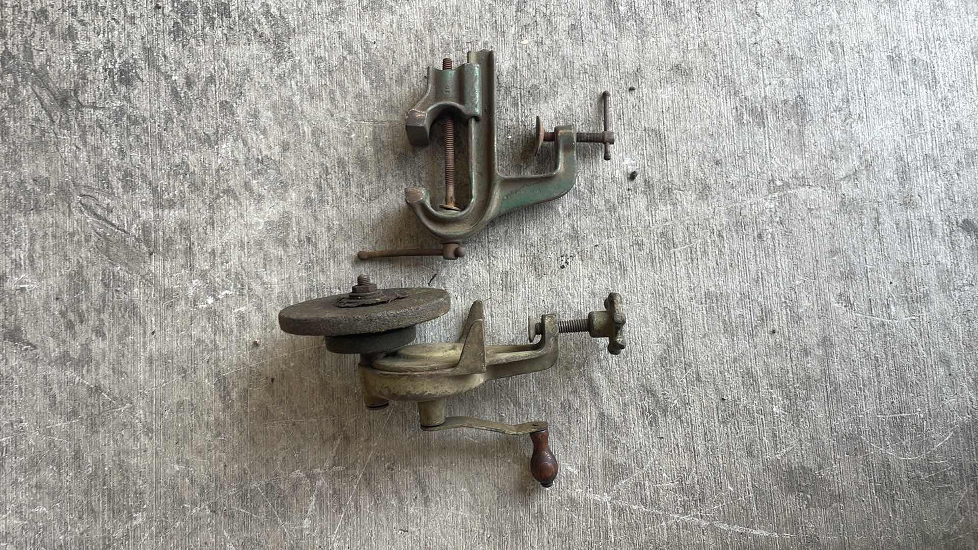 Photo 1 of VINTAGE BENCH CLAMP ON HAND GRINDER AND MINI VISE