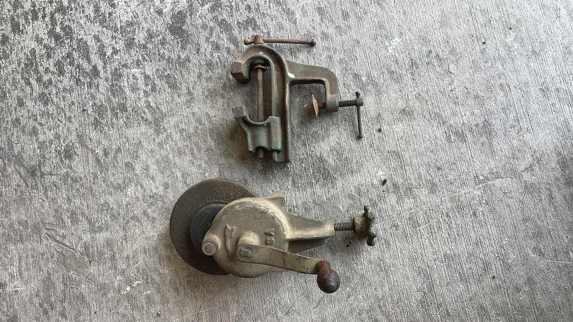 Photo 1 of VINTAGE BENCH CLAMP ON HAND GRINDER AND MINI VISE