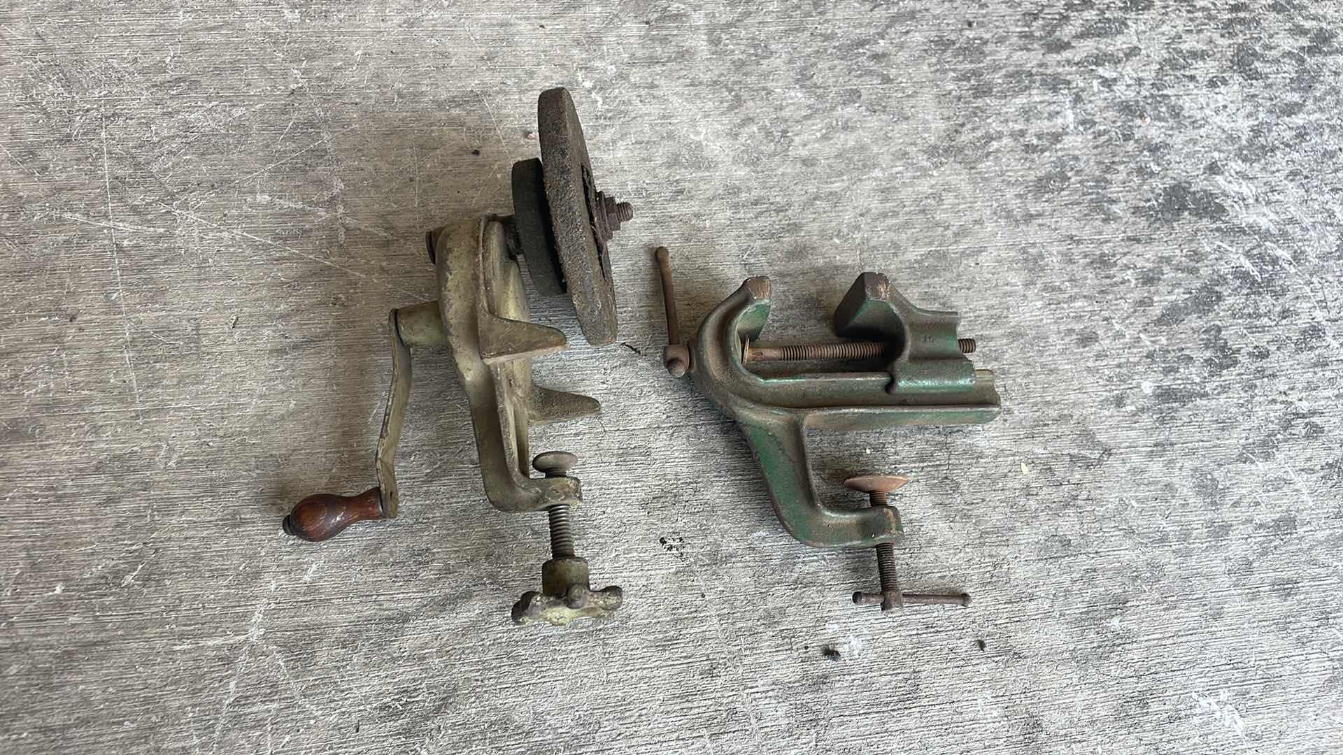 Photo 1 of VINTAGE BENCH CLAMP ON HAND GRINDER AND MINI VISE