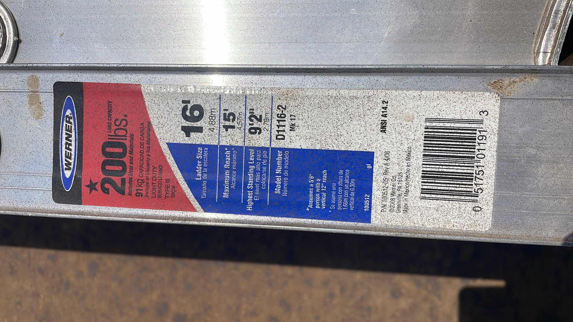 Photo 1 of WERNER 16’ ALUMINUM EXTENSION LADDER 200LBS CAPACITY