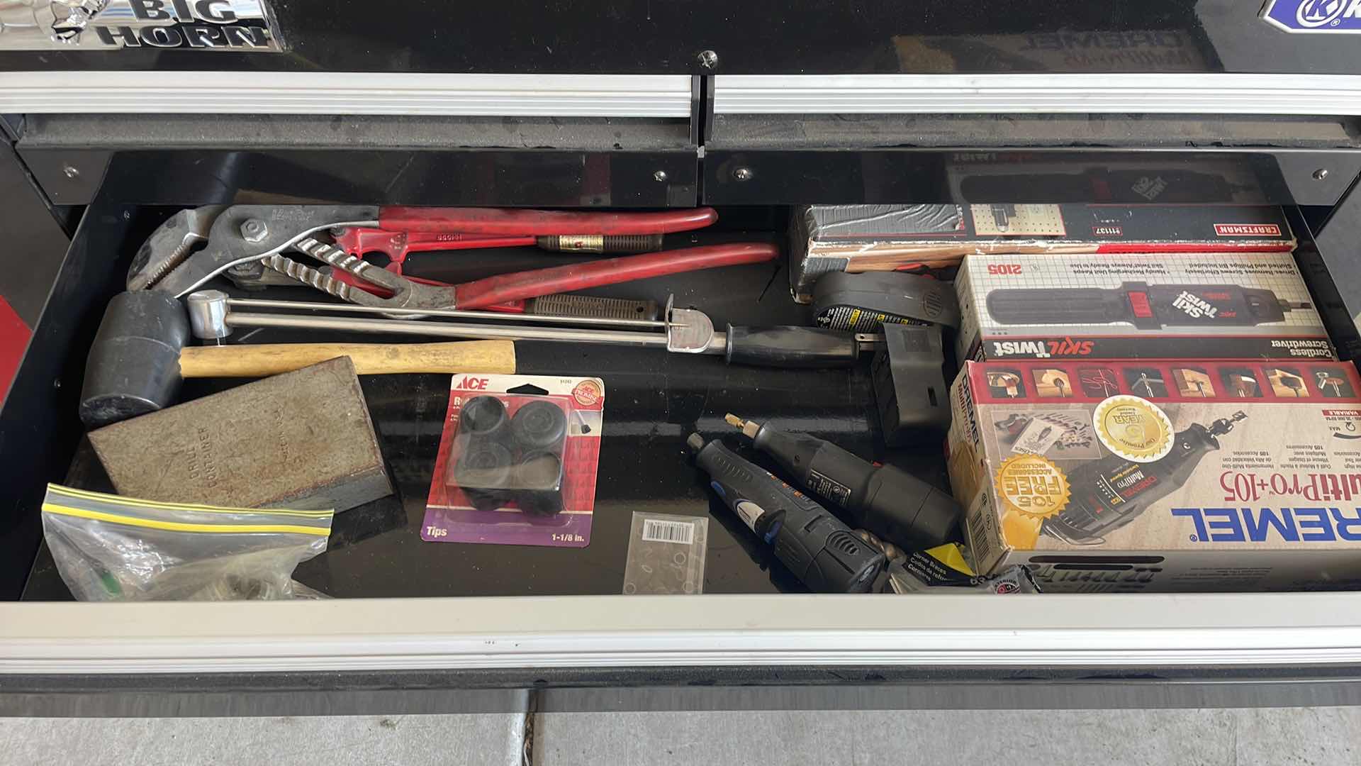 Photo 1 of KOBALT WORK BENCH AND TOOLBOX WITH LIGHT AND POWER STRIP 45”x24”x63” CRAFTSMAN TORQUE WRENCH BLUE POINT ADJUSTABLE GROOVE PLIERS DREMAL