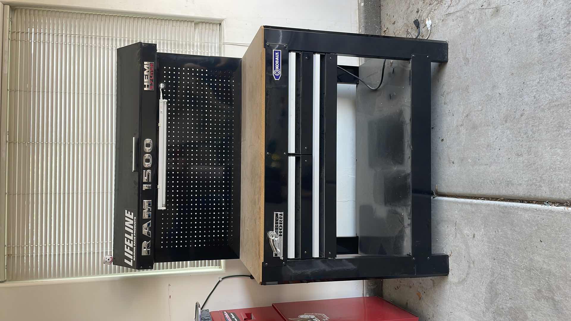 Photo 1 of KOBALT WORK BENCH AND TOOLBOX WITH LIGHT AND POWER STRIP 45”x24”x63” CRAFTSMAN TORQUE WRENCH BLUE POINT ADJUSTABLE GROOVE PLIERS DREMAL