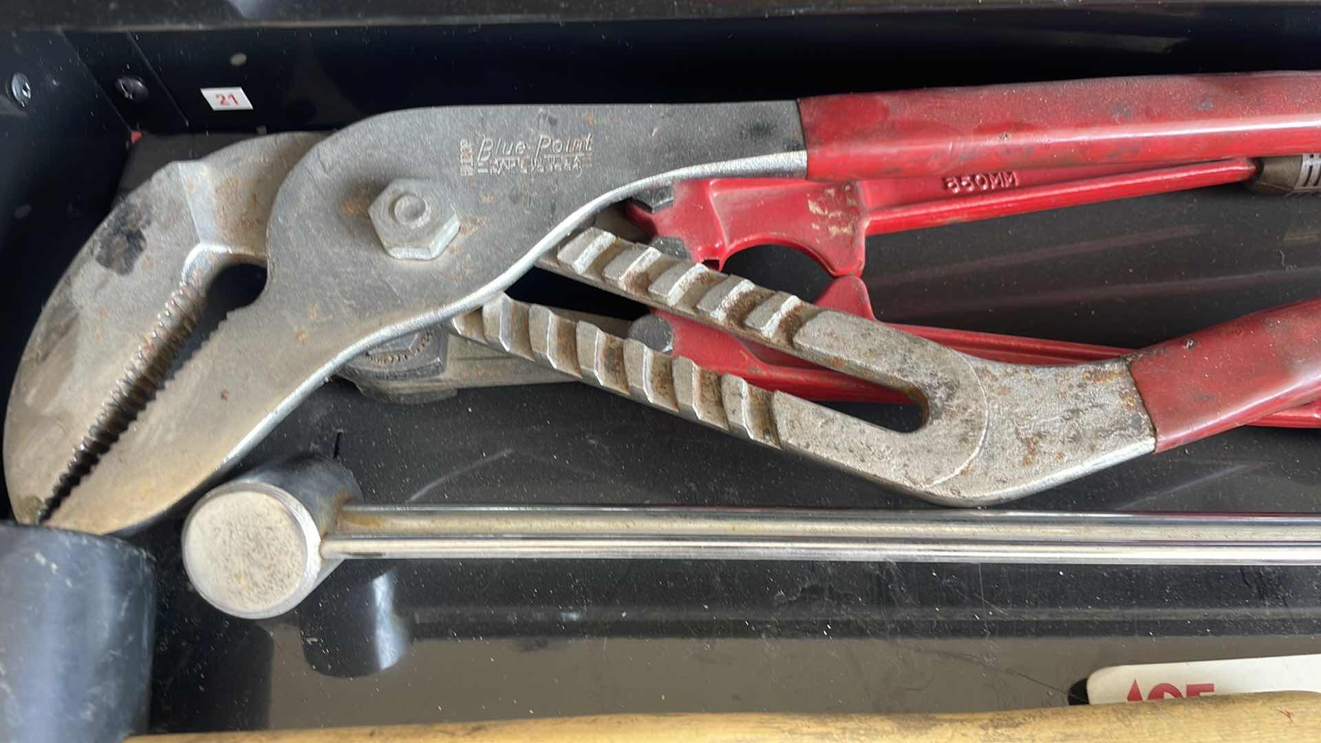 Photo 1 of KOBALT WORK BENCH AND TOOLBOX WITH LIGHT AND POWER STRIP 45”x24”x63” CRAFTSMAN TORQUE WRENCH BLUE POINT ADJUSTABLE GROOVE PLIERS DREMAL