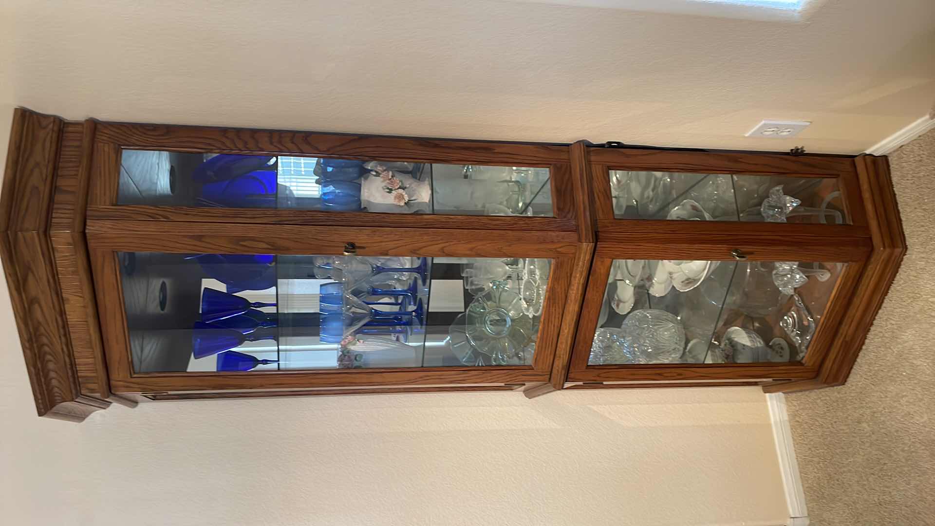 Photo 1 of LIGHTED OAK CORNER CURIO CABINET WITH CONTENTS