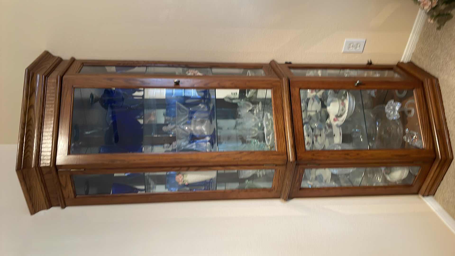 Photo 1 of LIGHTED OAK CORNER CURIO CABINET WITH CONTENTS