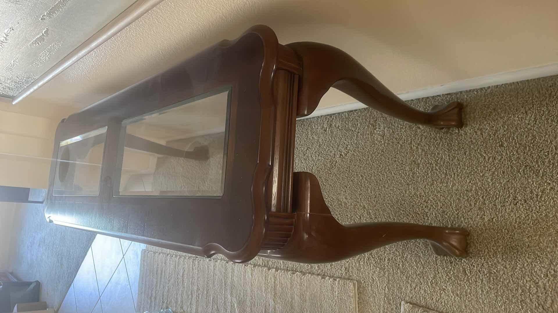 Photo 1 of GLASS TOP CHERRY ACCENT TABLE 52”x 16”x27”