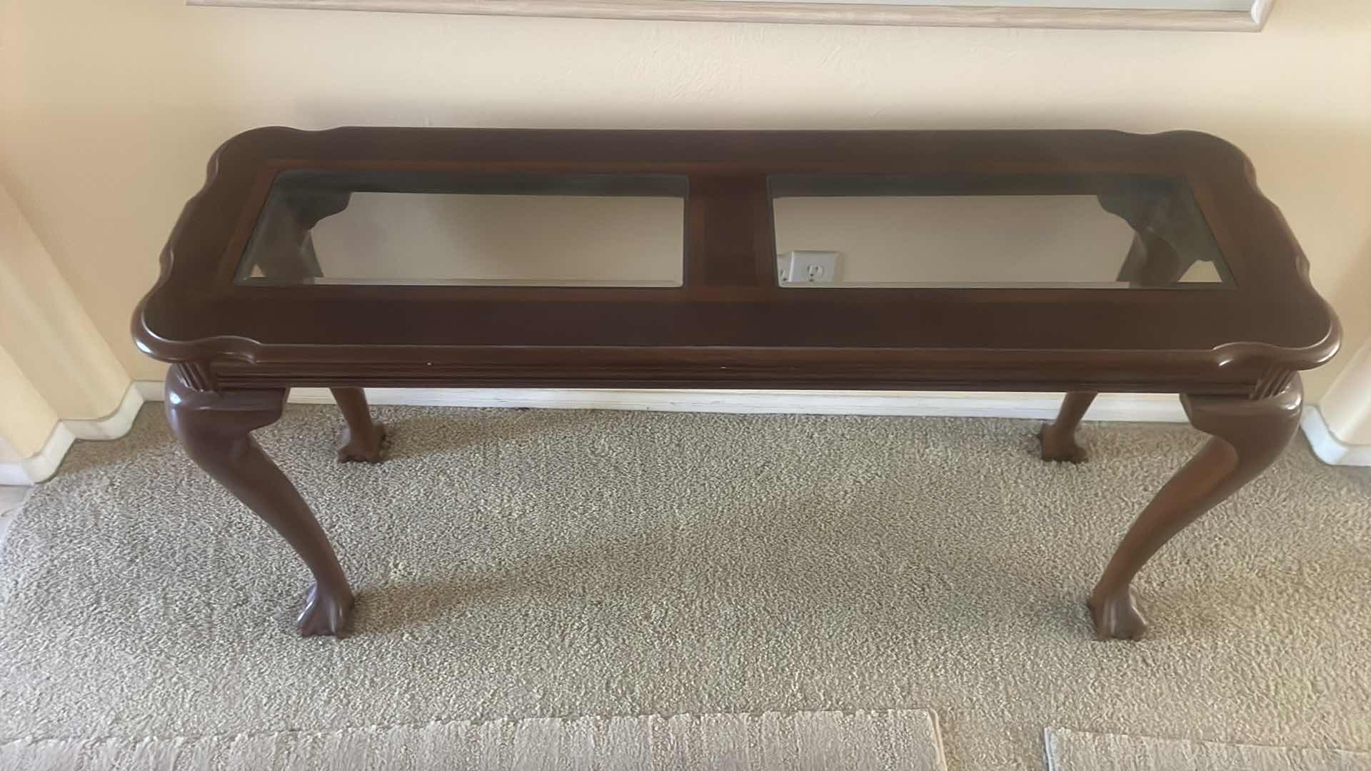 Photo 1 of GLASS TOP CHERRY ACCENT TABLE 52”x 16”x27”