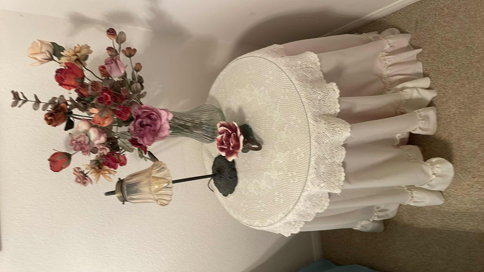 Photo 1 of BED SIDE WOOD/GLASS TOP TABLES (2) 19” DIAMETER 25” HEIGHT WITH DECOR. BED NOT INCLUDED