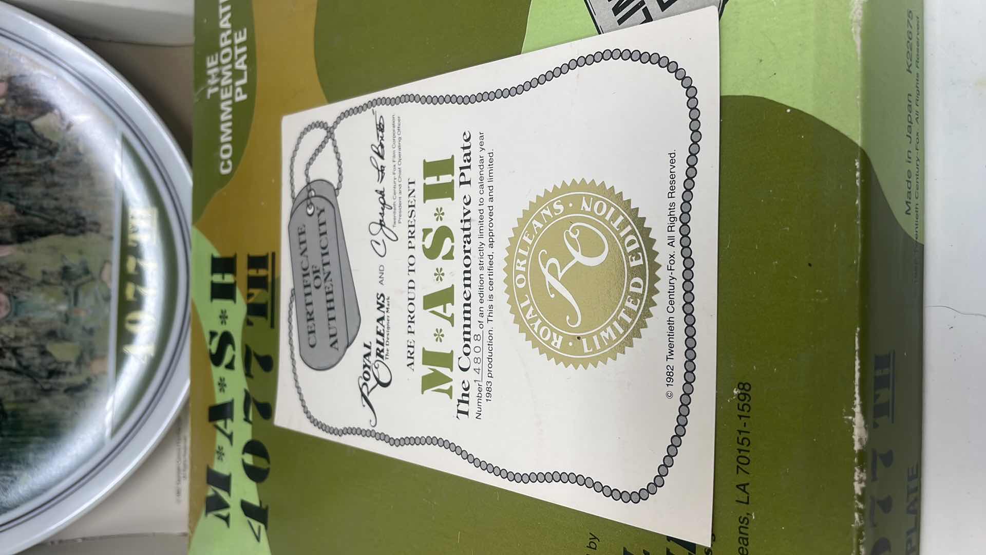 Photo 1 of MASH 4077TH, COMMEMORATIVE PLATE, NEW, ROYAL ORLEANS, VINTAGE 1982