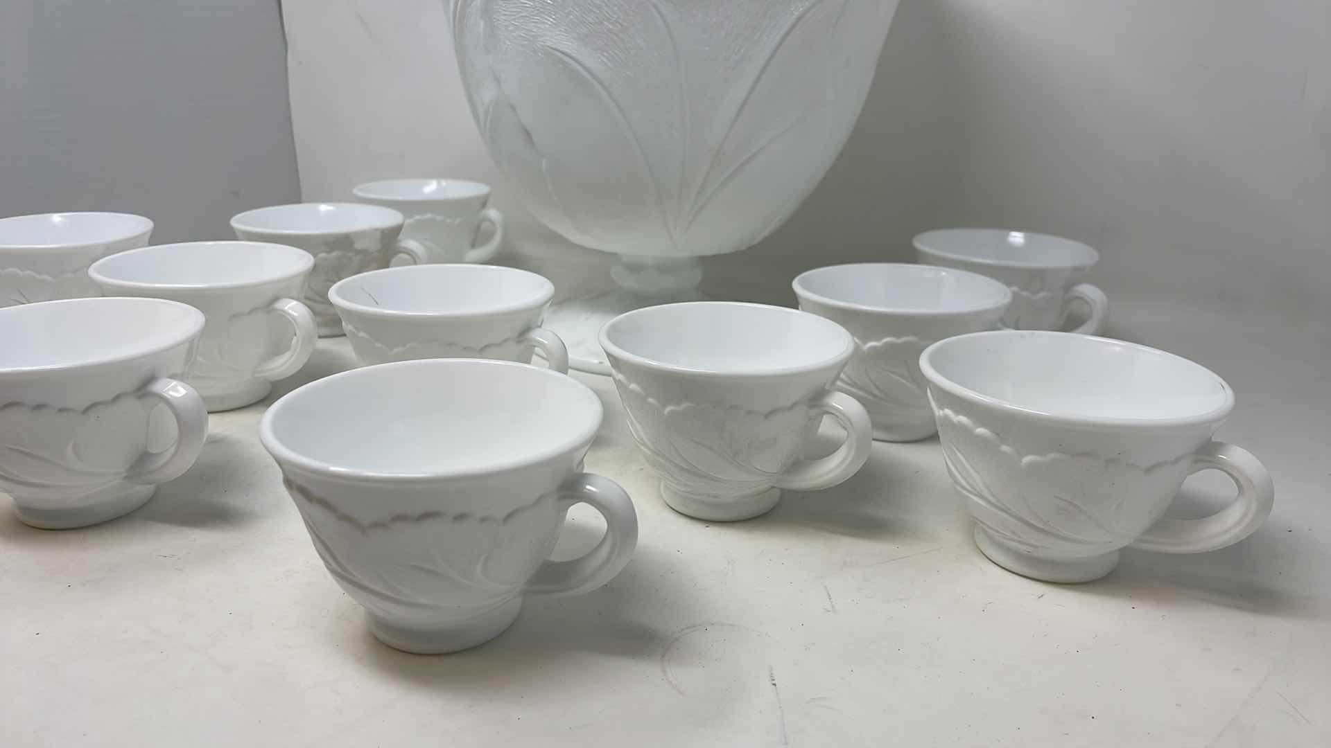 Photo 1 of INDIANA GLASS PEBBLE LEAF DESIGN MILK GLASS  PUNCH BOWL AND 11 CUPS 10" X 10"