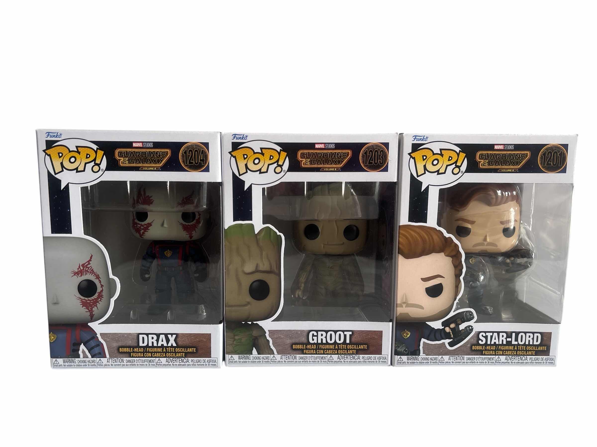 Photo 1 of 3(PCS) NIB FUNKO POP DRAX AND GROOT AND STAT-LORD GUARDIANS OF THE GALAXY VOL. 3