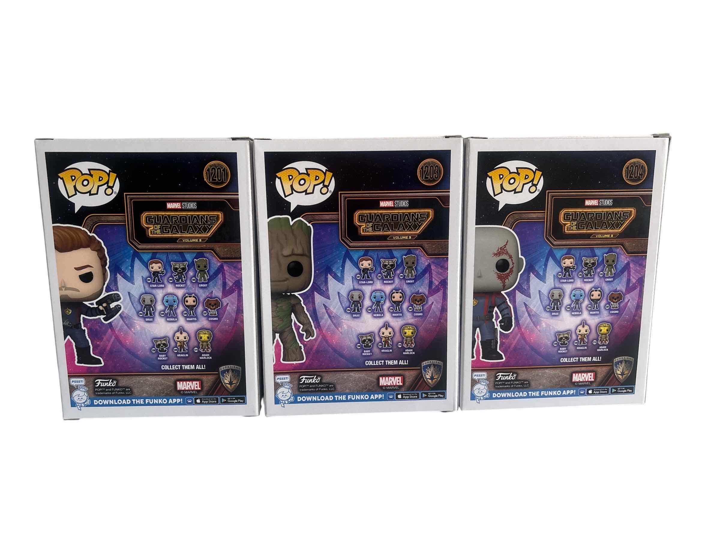 Photo 1 of 3(PCS) NIB FUNKO POP DRAX AND GROOT AND STAT-LORD GUARDIANS OF THE GALAXY VOL. 3