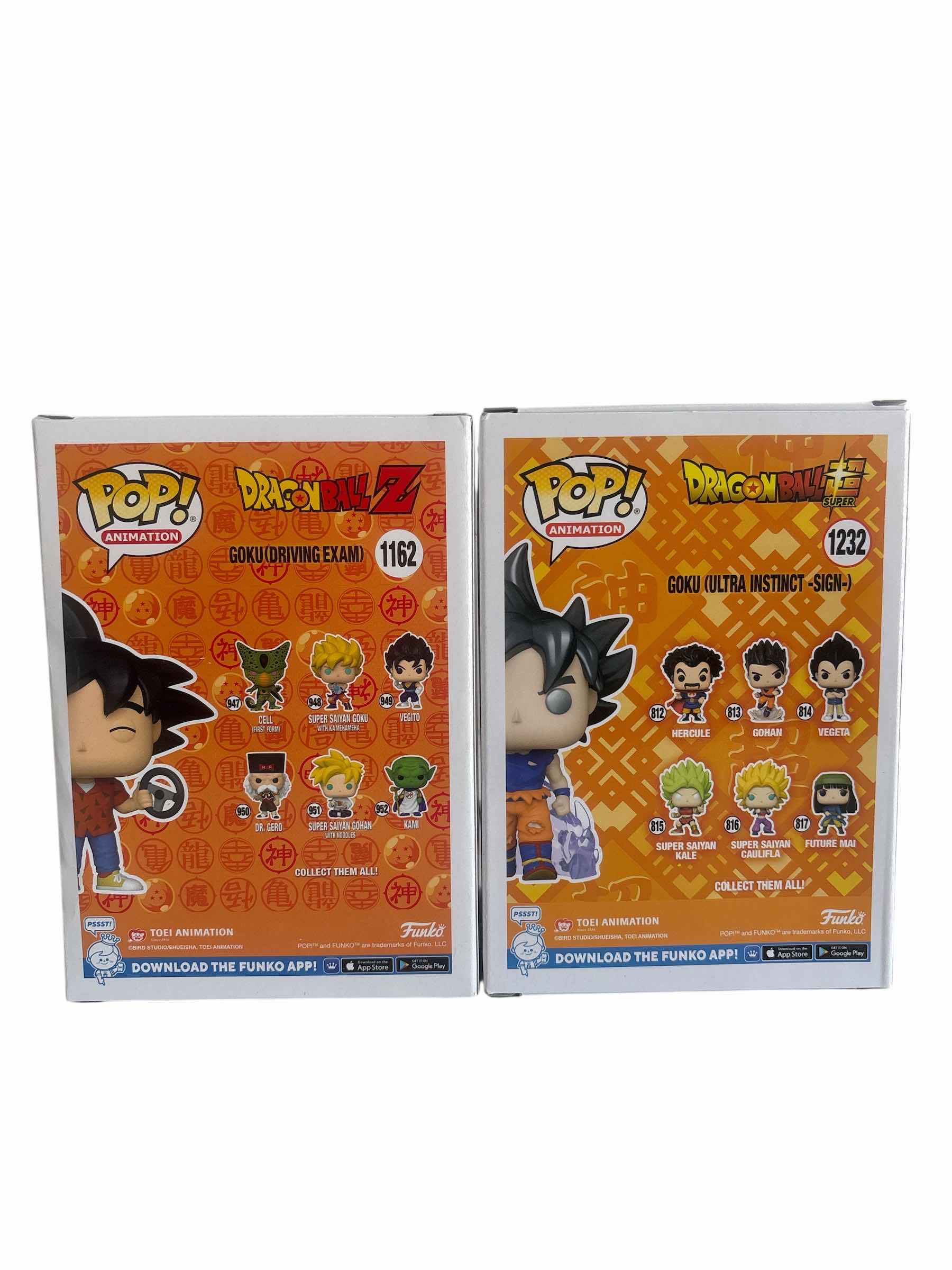 Photo 1 of (2) PCS NIB FUNKO POP GOKU (ULTRA INSTINCT- SIGN-) LIM. ED. & GOKU (DRIVING EXAM) LIM ED. DRAGONBALL Z