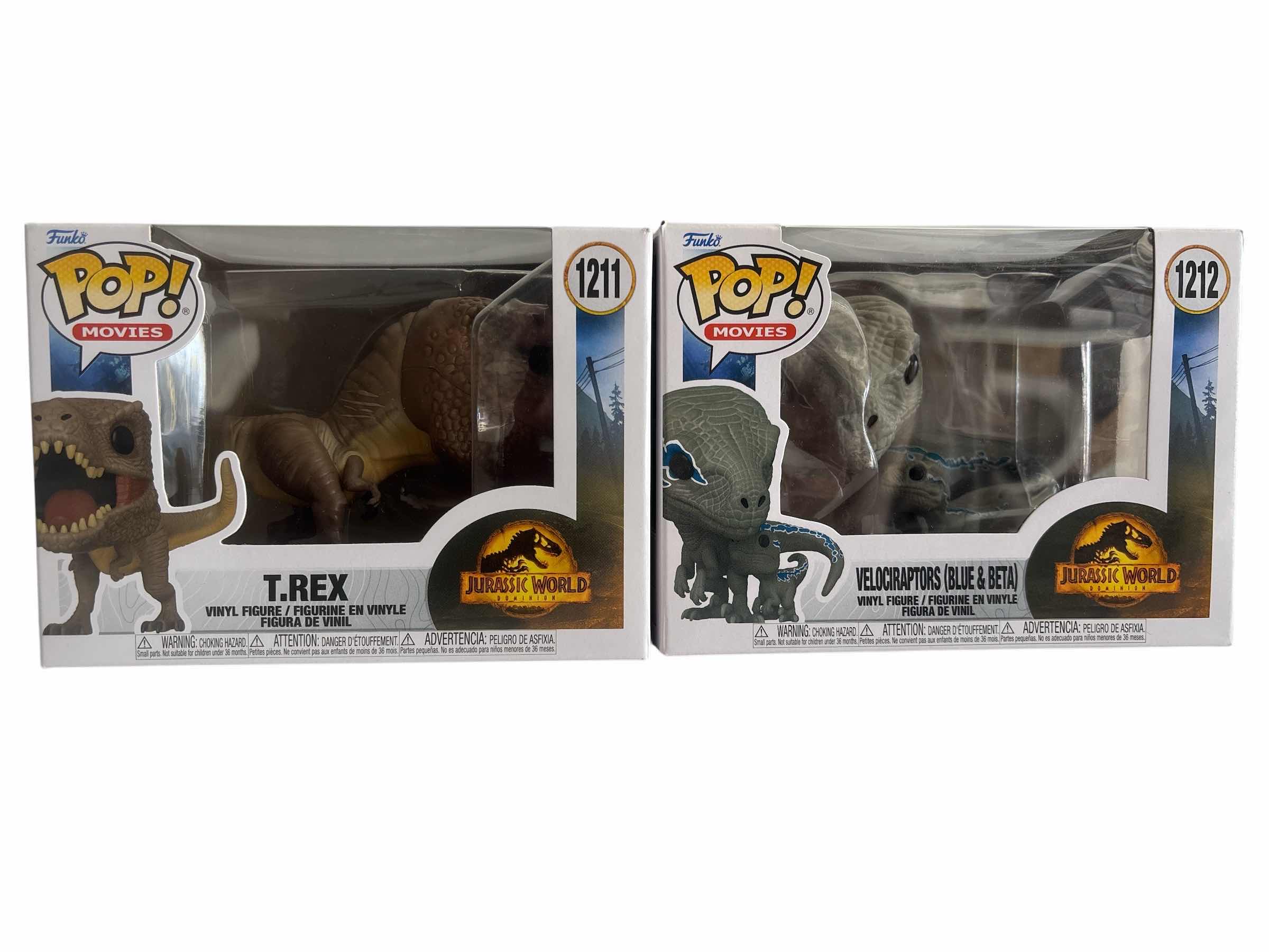 Photo 1 of (2) PCS. NIB FUNKO POP T REX & VELOCIRAPTOR (BLUE & BETA) JURASSIC WORLD